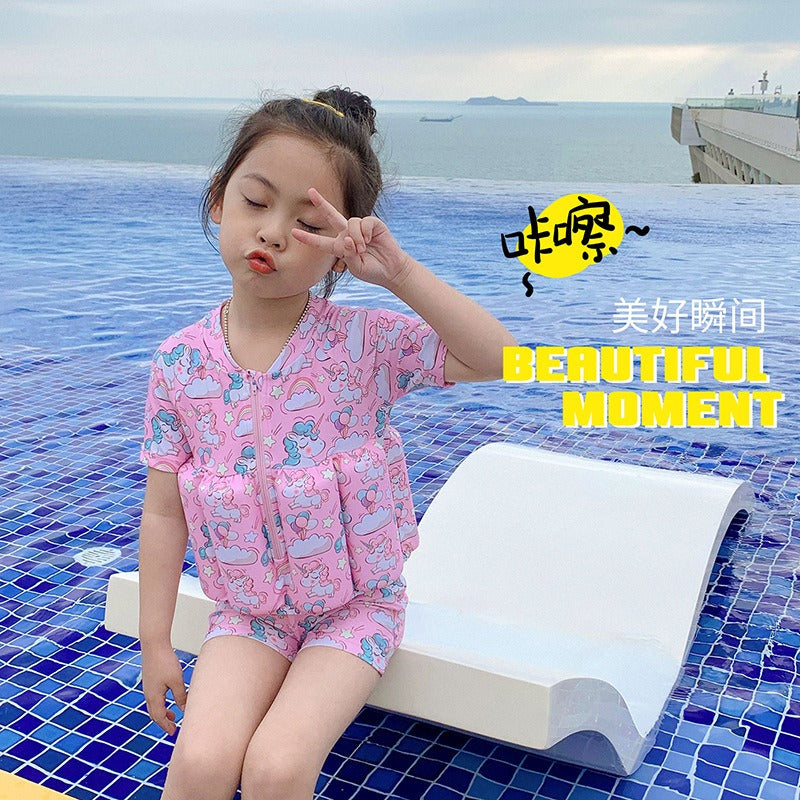 Children's buoyancy swimsuit for girls and boys, cute baby short sleeved zipper one-piece surfing floating vest swimsuit - Korvel