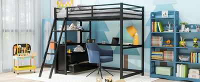 Twin Size Metal&Wood Loft Bed with Desk and Shelves, Two Built-in Drawers, Black - Korvel