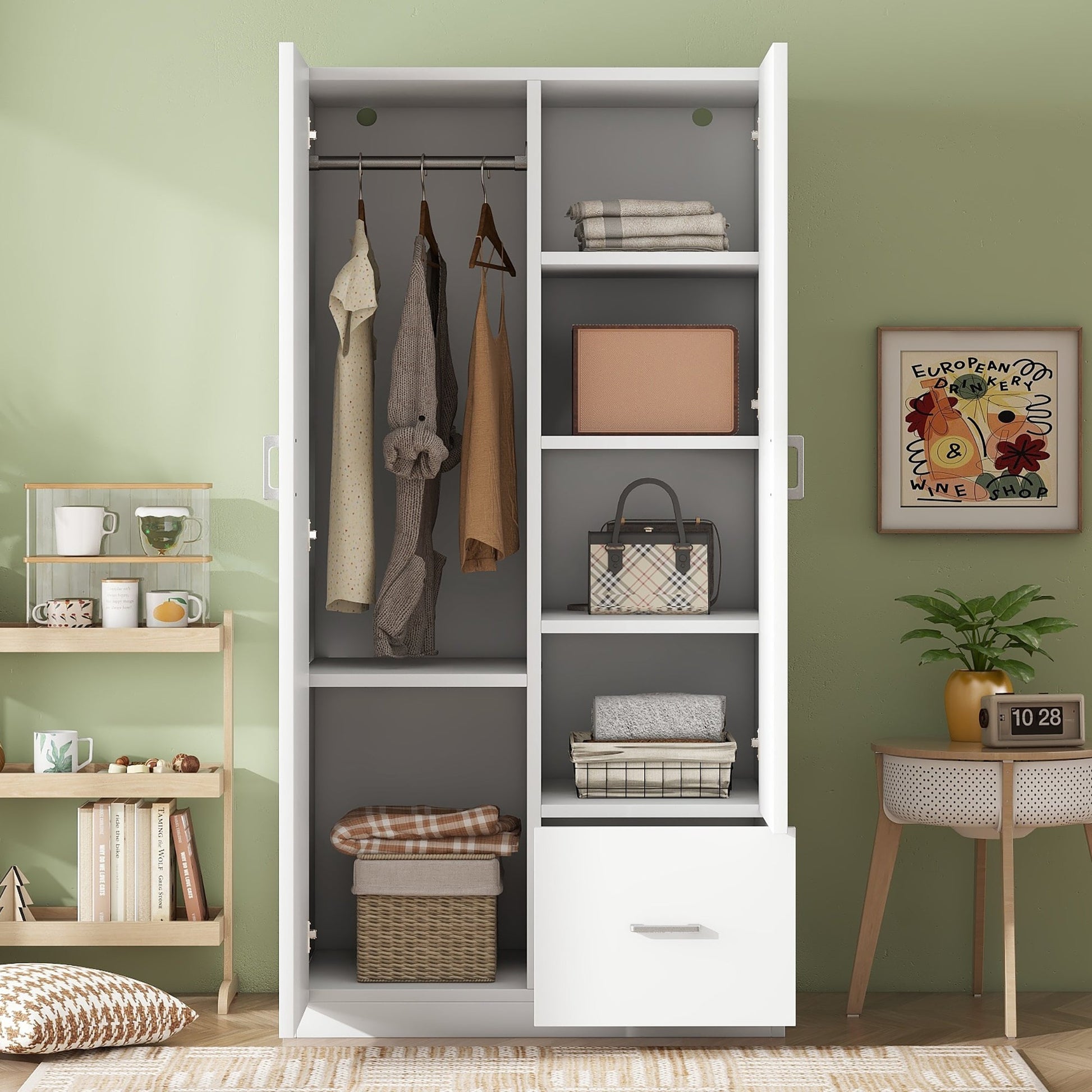 Wooden Wardrobe with Double Doors, Armoire with Hanging Rod, 5 Fixed Shelves, One Storage Drawer,White - Korvel