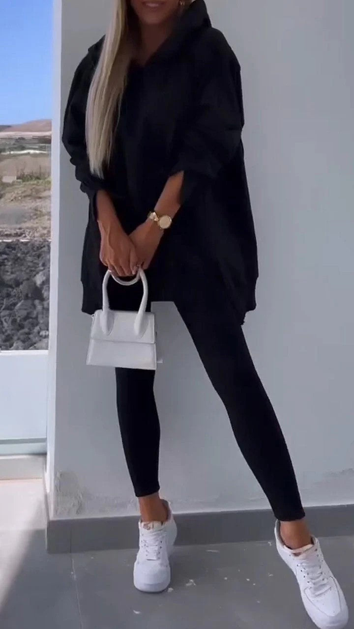 Women's Sports Casual Slit Hooded Sweatshirt Tights Set