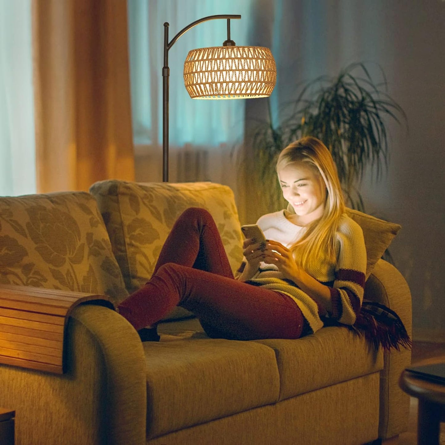Arc Floor Lamp with Remote Control, Dimmable LED Floor Lamp with 3 Color Temperature Boho Farmhouse Tall Pole Lamp - Korvel