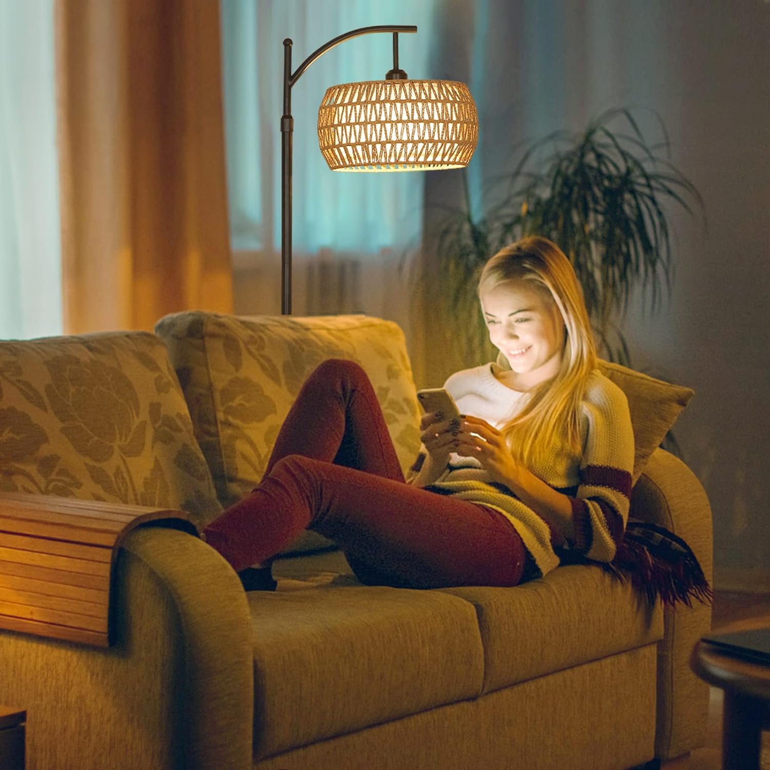Arc Floor Lamp with Remote Control, Dimmable LED Floor Lamp with 3 Color Temperature Boho Farmhouse Tall Pole Lamp - Korvel