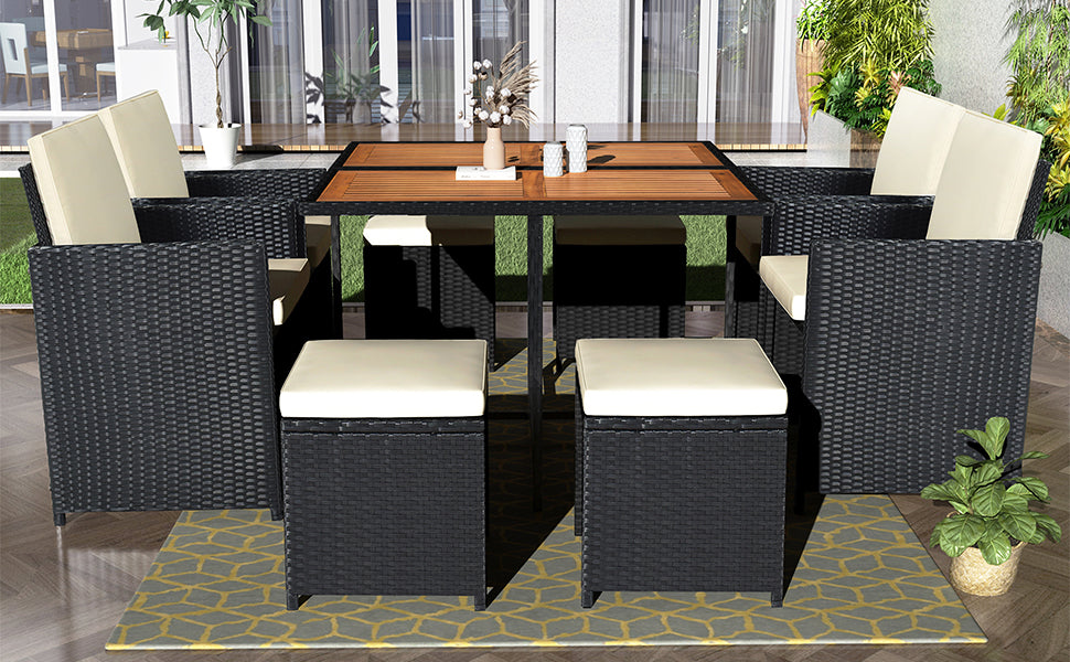 TOPMAX Patio All-Weather PE Wicker Dining Table Set with Wood Tabletop for 8, Black Rattan+Beige Cushion (9-Piece) - Korvel