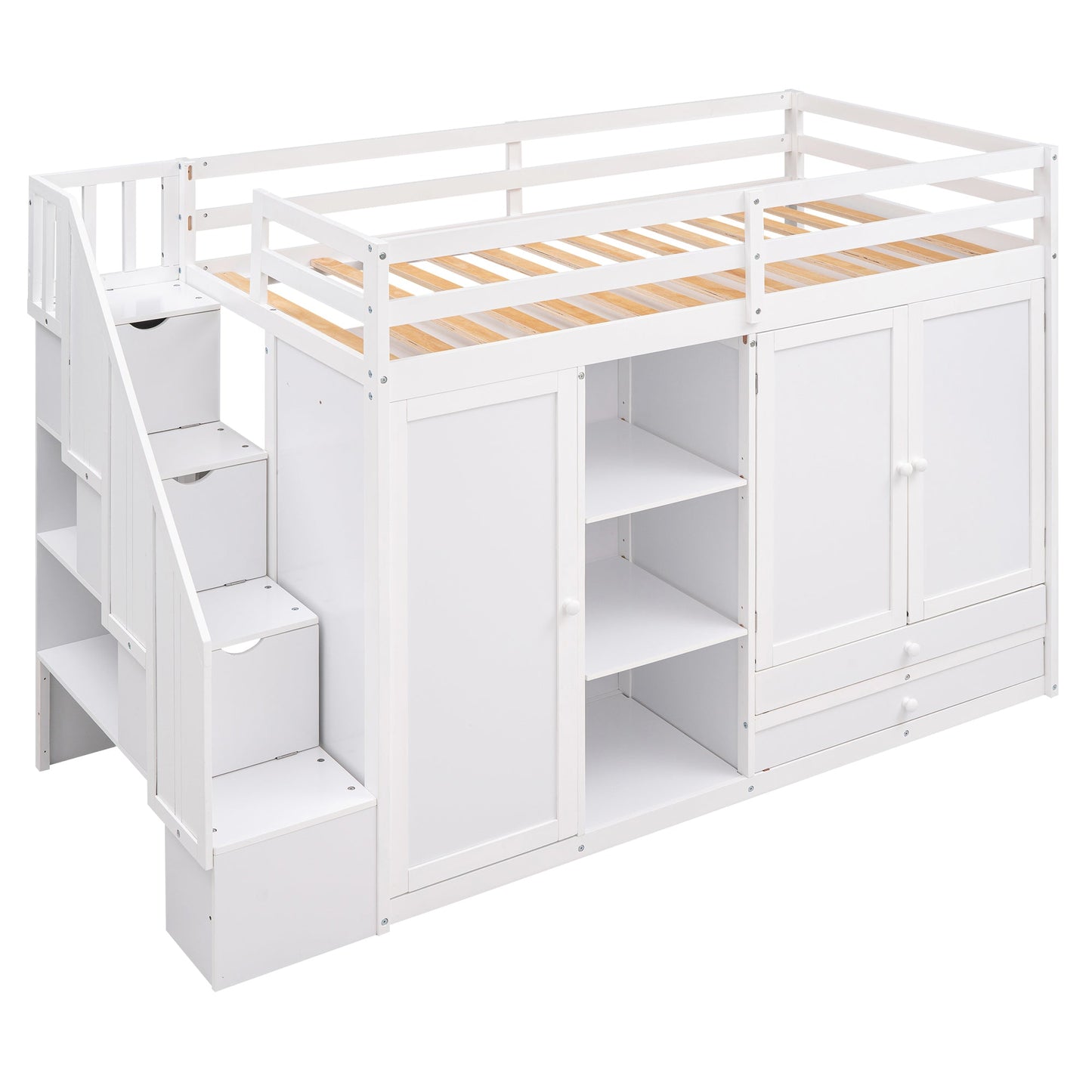 Functional Loft Bed with Storage and Shelves in White