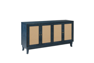 Handcrafted Premium Grain Panels Rattan Sideboard Buffer Cabinet Accent Storage Cabinet With 4 Rattan Doors BLUE - Korvel