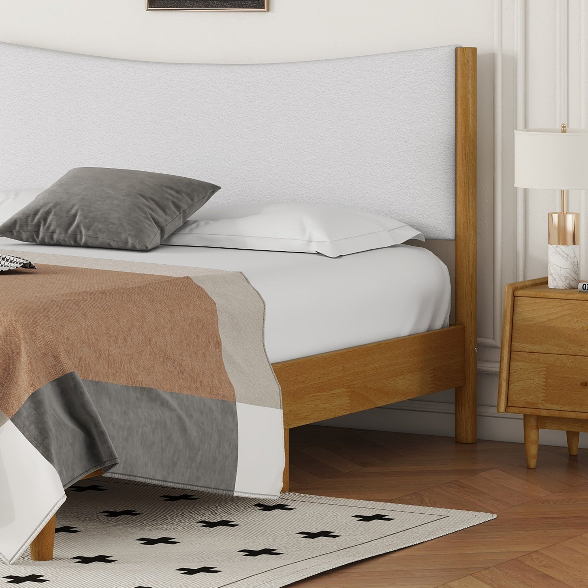 Queen Size Rubber Wooden , Solid Wooden Bed with Teddy Velvet Cushion Upholstered Headboard, Enhanced by Support Feet - Korvel