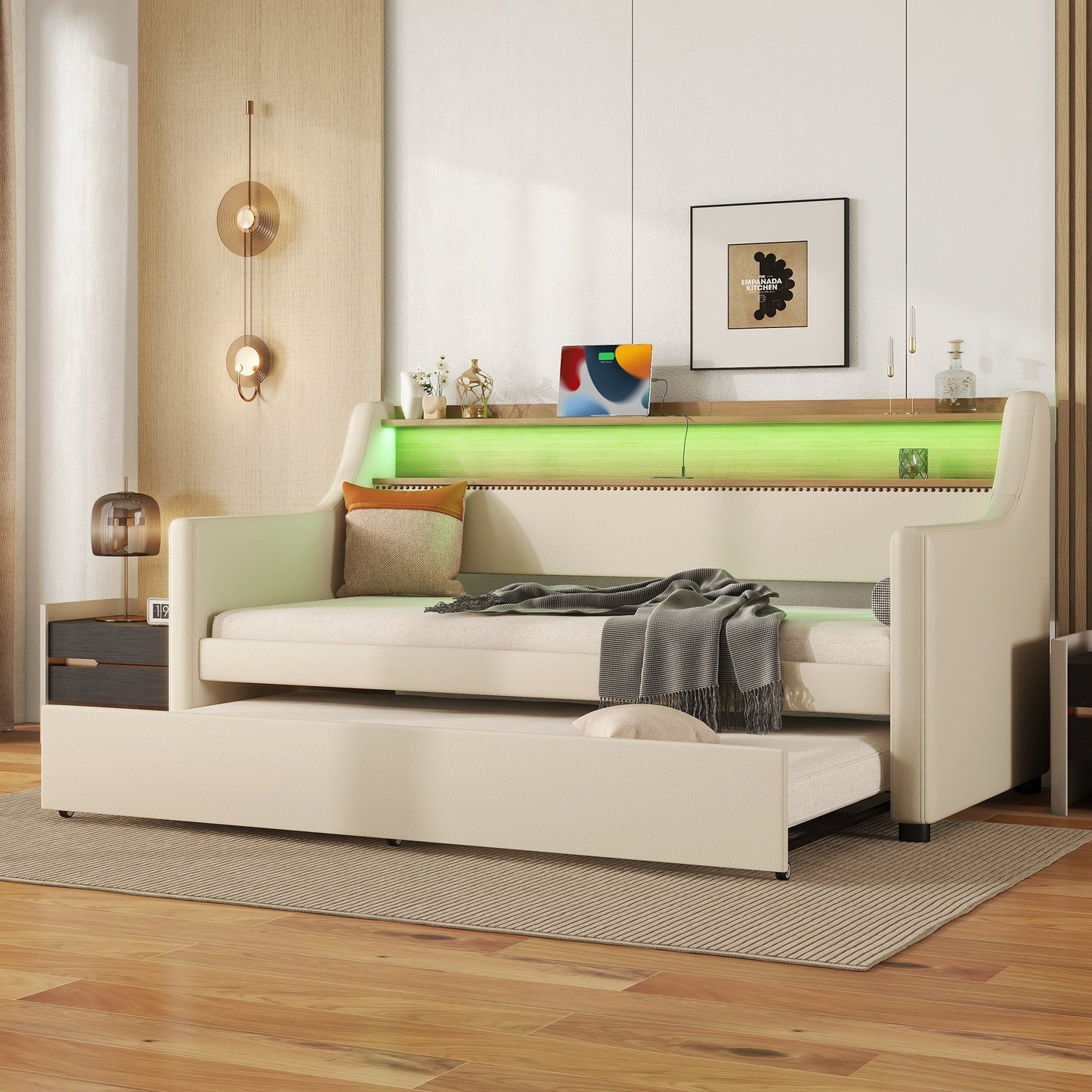 Twin Size Daybed with Trundle, Upholstered Daybed with Charging Station and LED Lights, Beige - Korvel