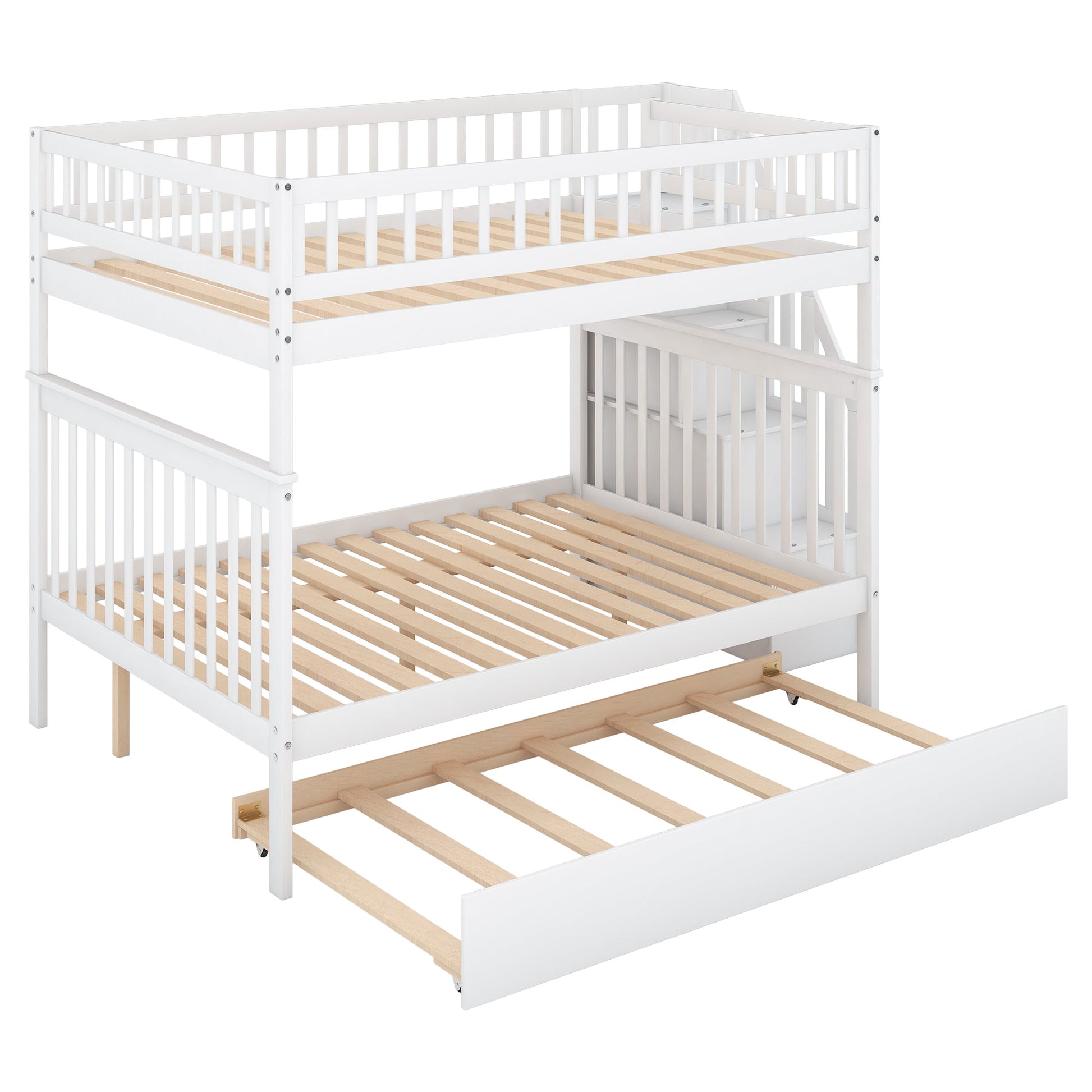 Full over Full Bunk Bed with Trundle and Staircase White - Korvel