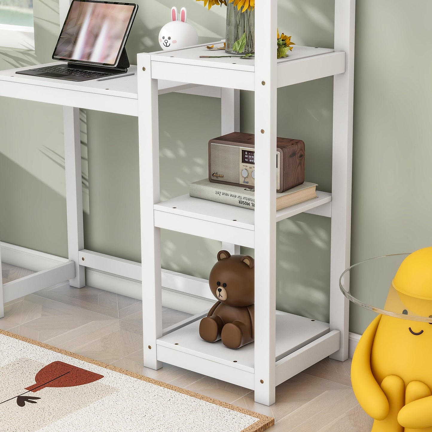 House-shaped Wooden writing Desk,Kids study Table,Bookshelf & Toy Storage,White - Korvel