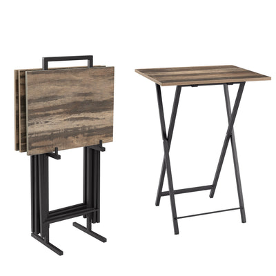 Set of 4 Folding TV Trays with Stand - Rustic Brown