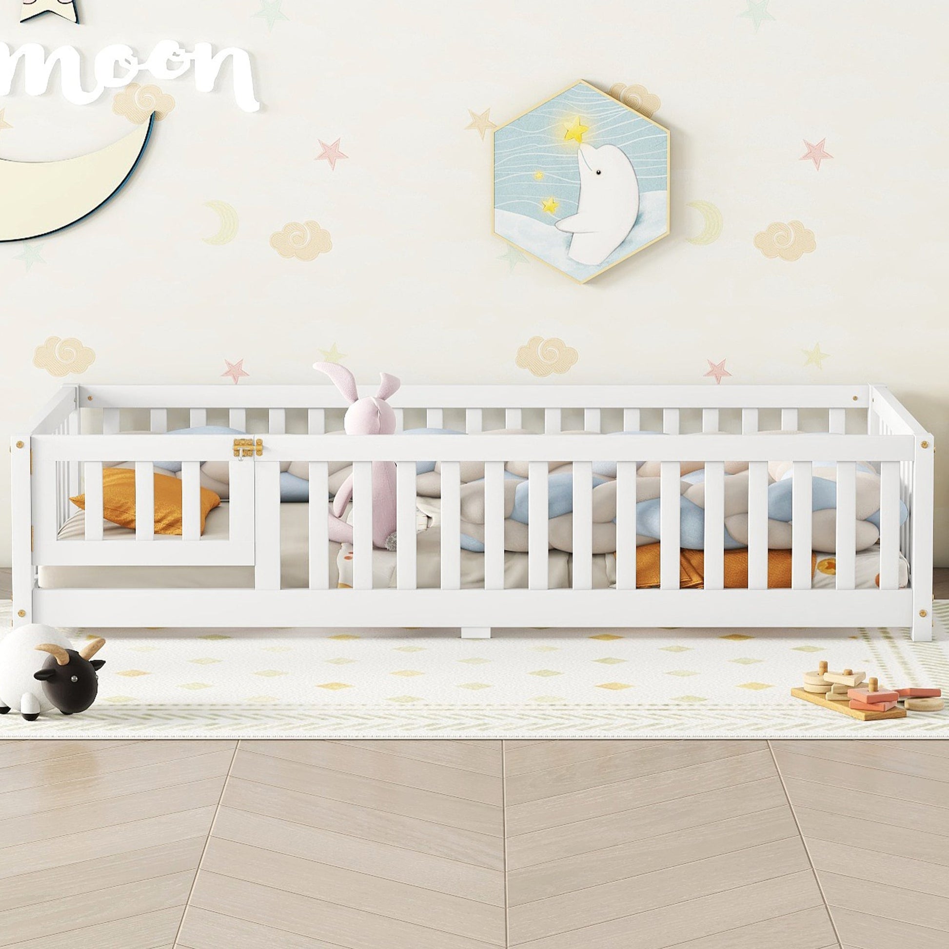Twin Size Bed Floor Bed with Safety Guardrails and Door for Kids, White - Korvel