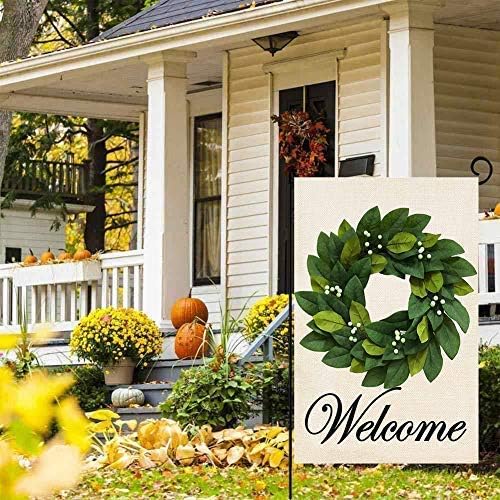 Drapeau de jardin Bienvenue Couronne de Feuilles de Magnolia Printemps Été