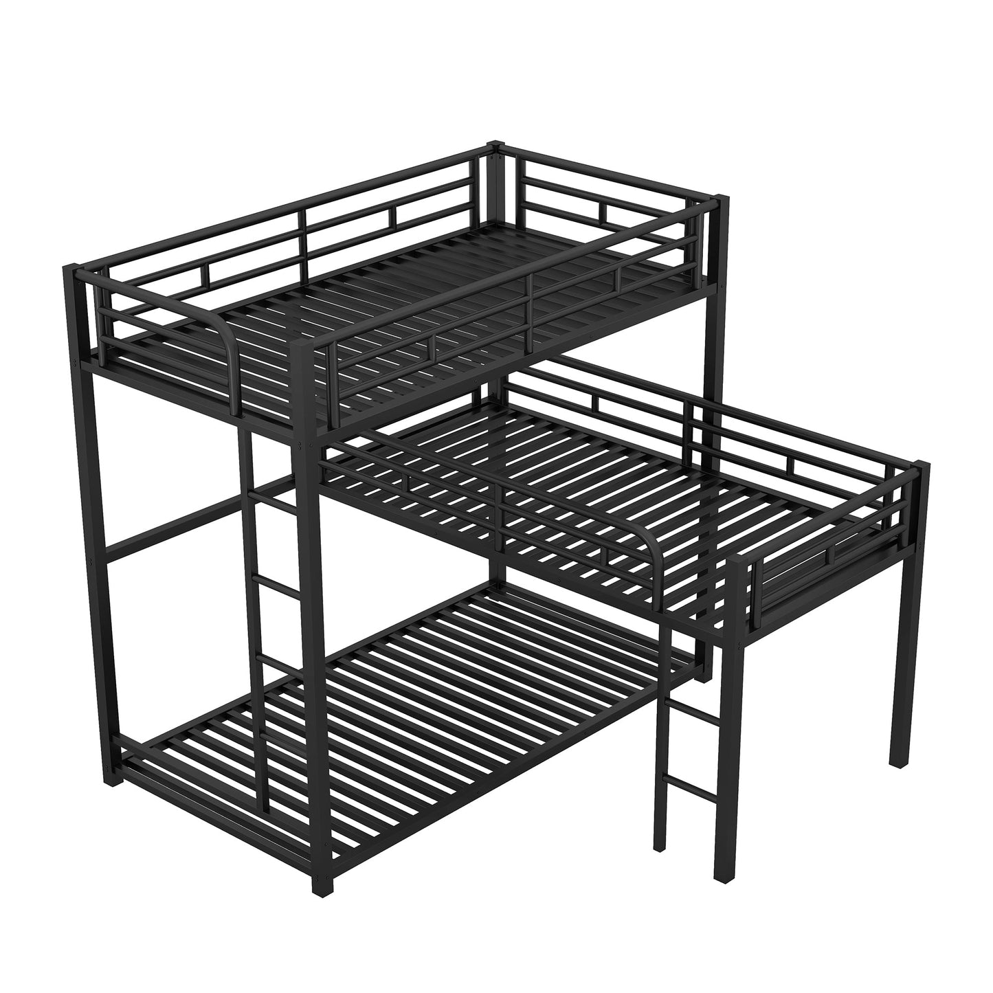 L-shaped Metal Triple Twin Size Bunk Bed, Black - Korvel