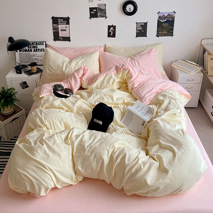 Washed Cotton Solid Color Double Spliced Four-Piece Bedding Set - Sheet, Quilt Cover, Pillowcases for Employee and Dormitory Use - Korvel