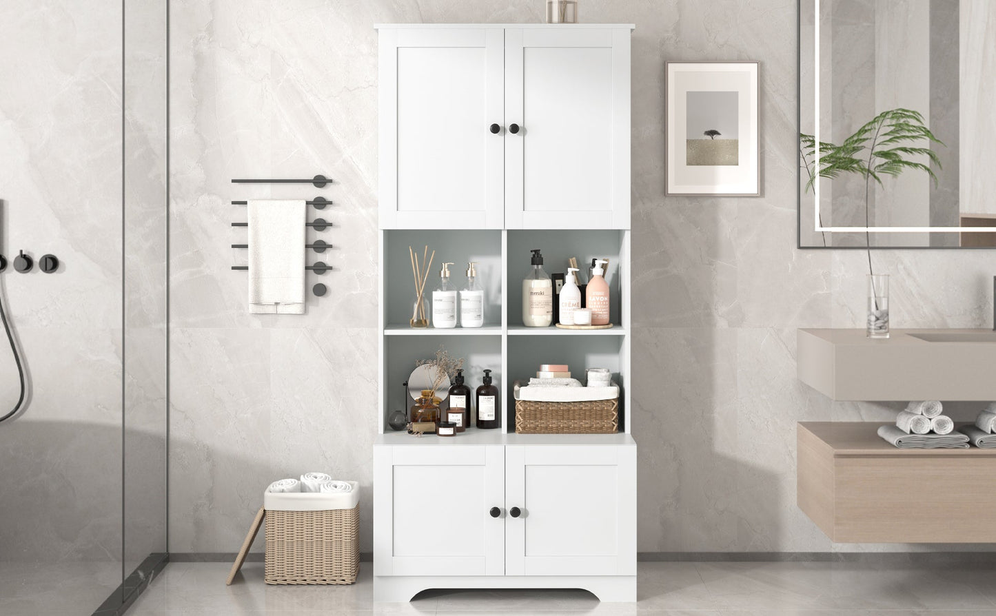 Elegant 4-Door Bathroom Storage Cabinet with Adjustable Shelves