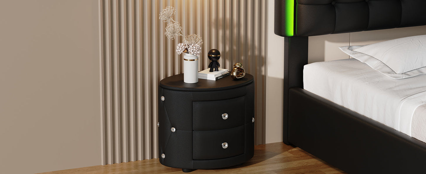 Elegant PU Nightstand with 2 Drawers and Crystal Handle,Fully Assembled Except Legs&Handles,Storage Bedside Table - Black - Korvel