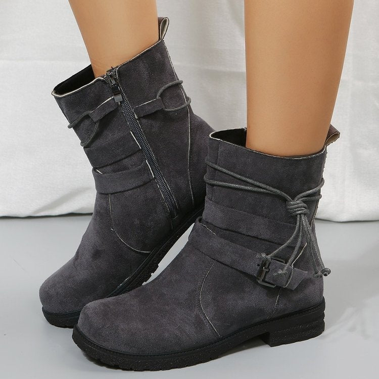 Buckle Square Heel Round Head Fashion Boots with Side Zipper