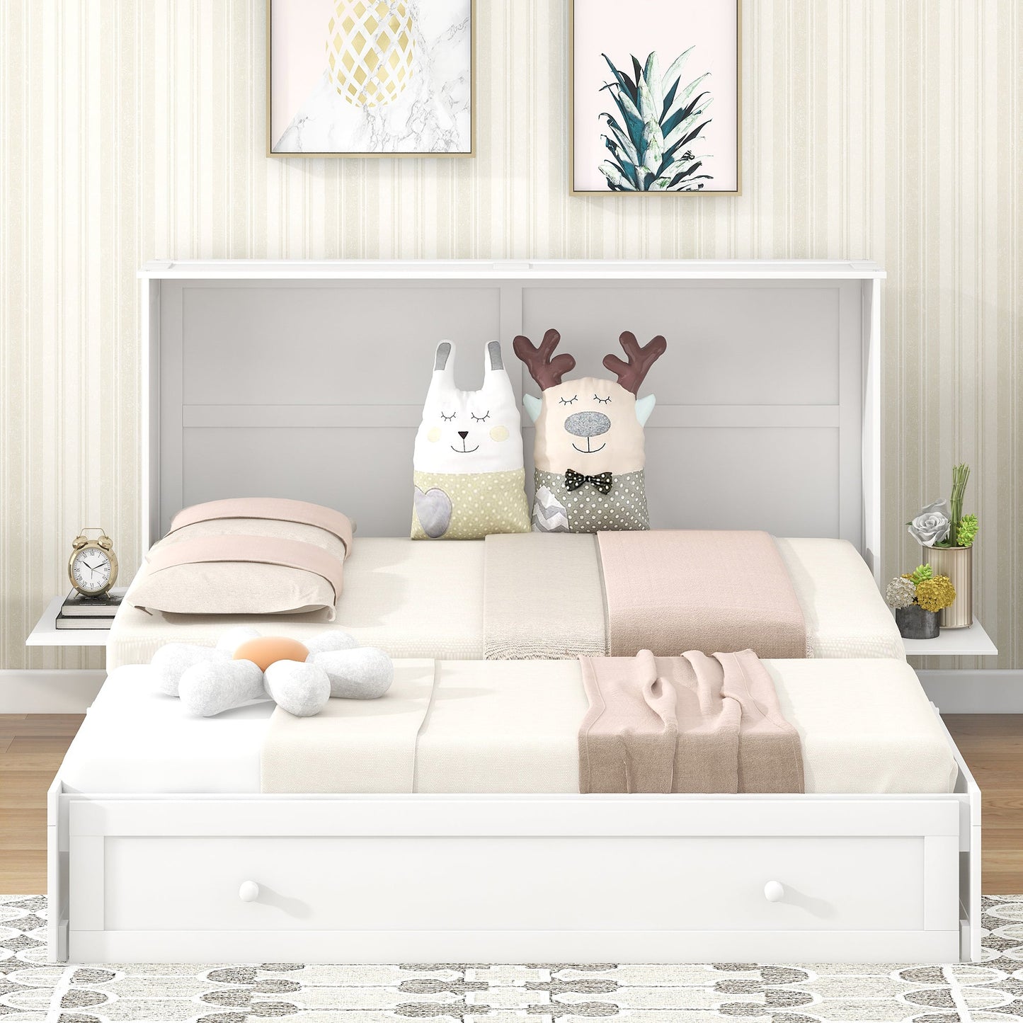 Queen Size Mobile Murphy Bed with Drawer and Little Shelves on Each Side White - Korvel