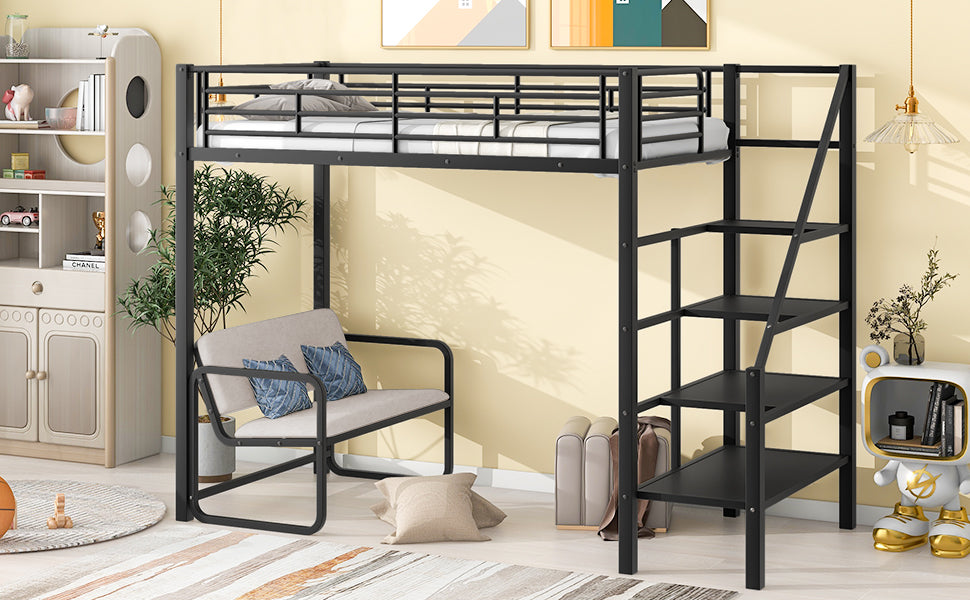 Twin Size Metal Loft Bed with Bench and Storage Staircase  Black - Korvel