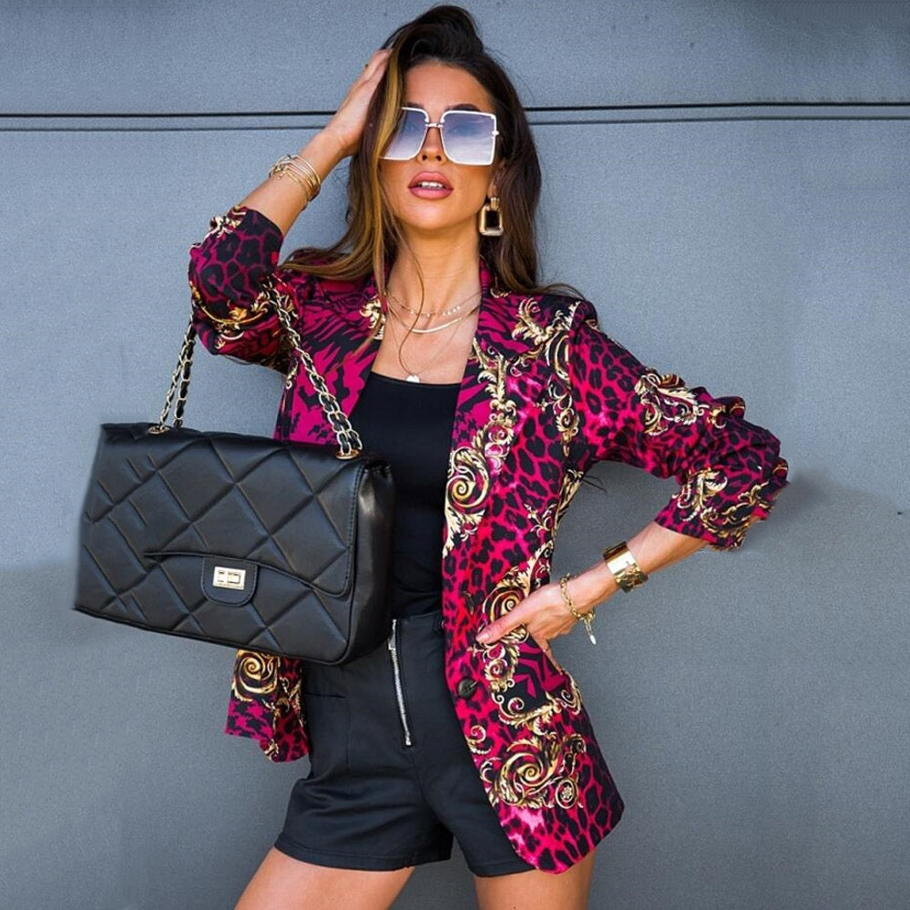 Elegant Long-Sleeve Printed Wrap Coat