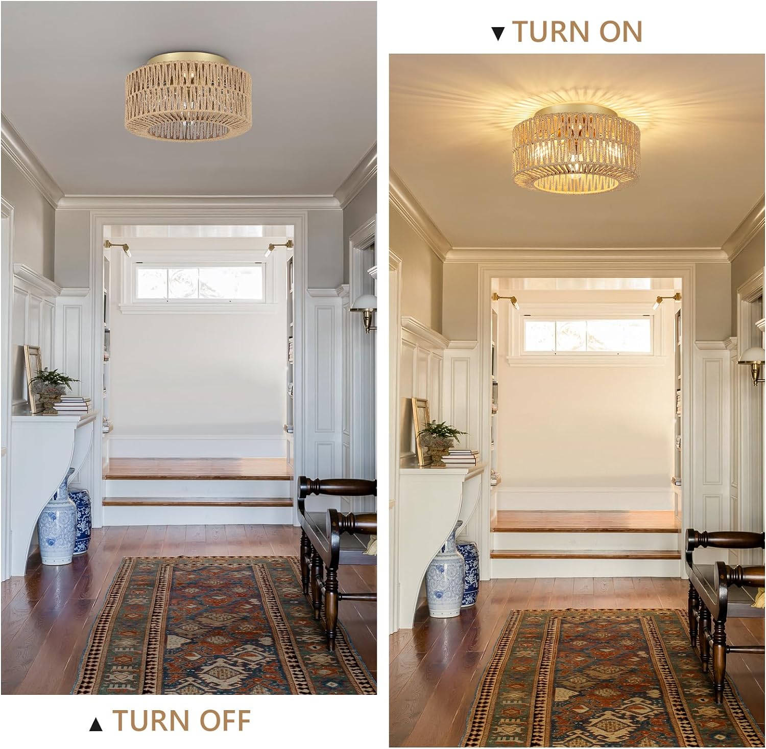 Boho Light Fixtures Ceiling Mount 3-Light Farmhouse Rattan Ceiling Light Fixture Flush Mount Ceiling Light with Hand-Woven Shade - Korvel