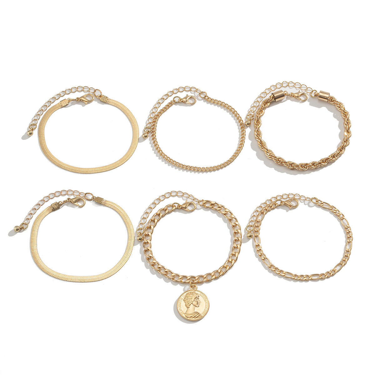 Ins round pendant Bracelet set irregular metallic flat snake chain bracelet - Korvel