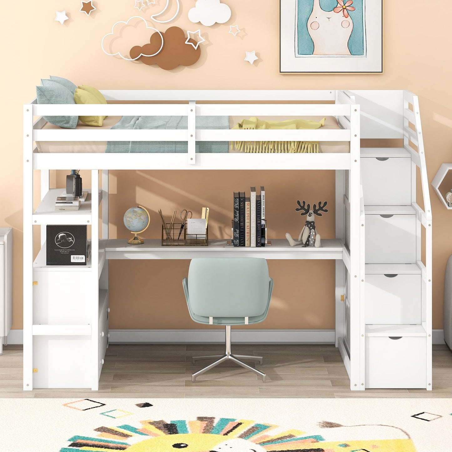 Twin Size Loft Bed with Desk and Shelves  Two Built-in Drawers  Storage Staircase White - Korvel