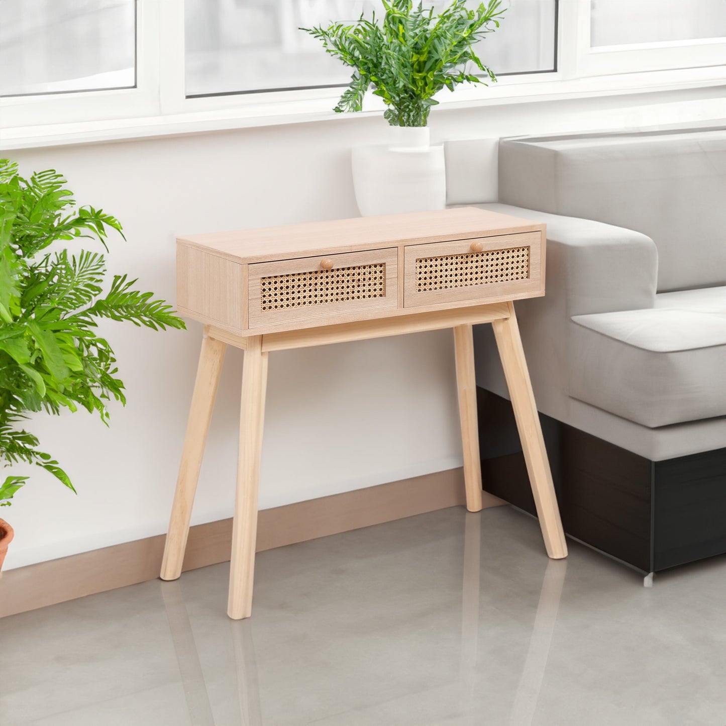 Side table with two real rattan drawers, solid wood table legs can be used in the dining room living room,bedroom - Korvel