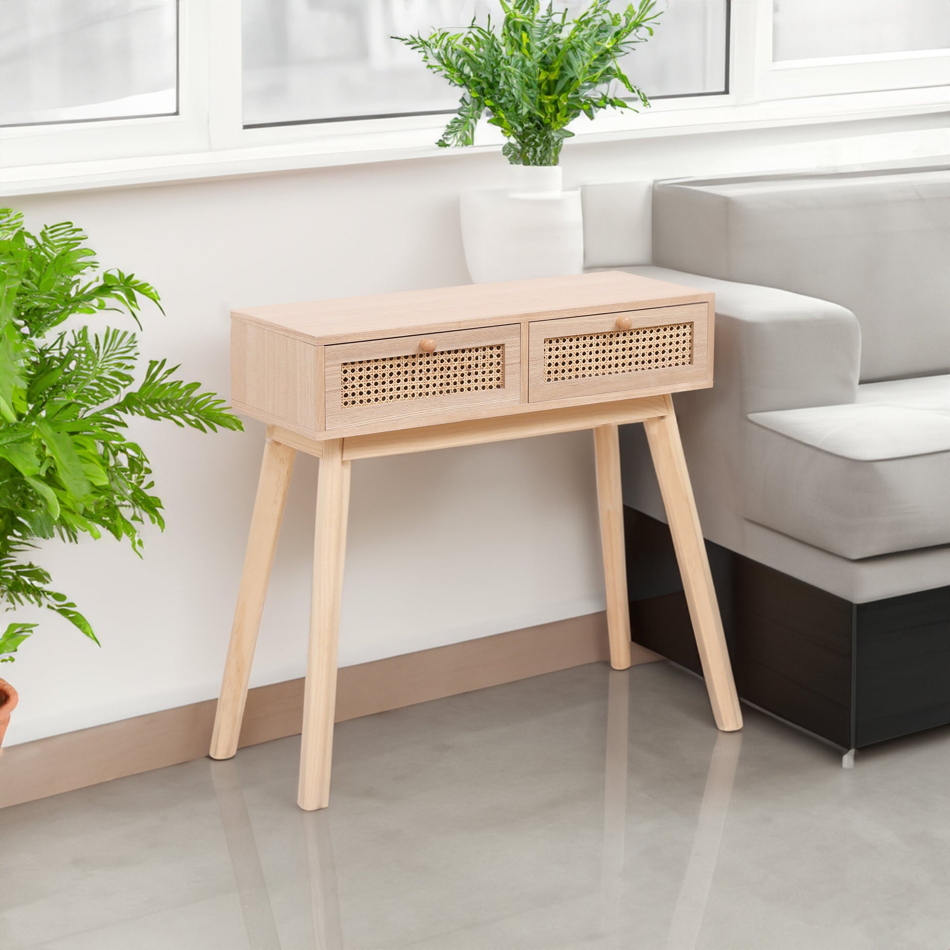 Side table with two real rattan drawers, solid wood table legs can be used in the dining room living room,bedroom - Korvel