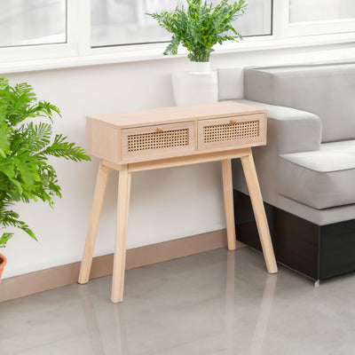 Side table with two real rattan drawers, solid wood table legs can be used in the dining room living room,bedroom - Korvel