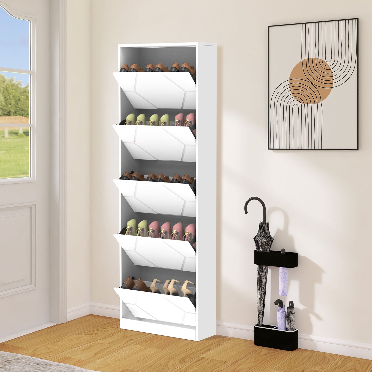 Shoe Storage Cabinet for Entryway, 5 Tiers Shoe Organizer with Carved Panels, Carving Shoe Closet,Vertical Shoe Cabinet - Korvel