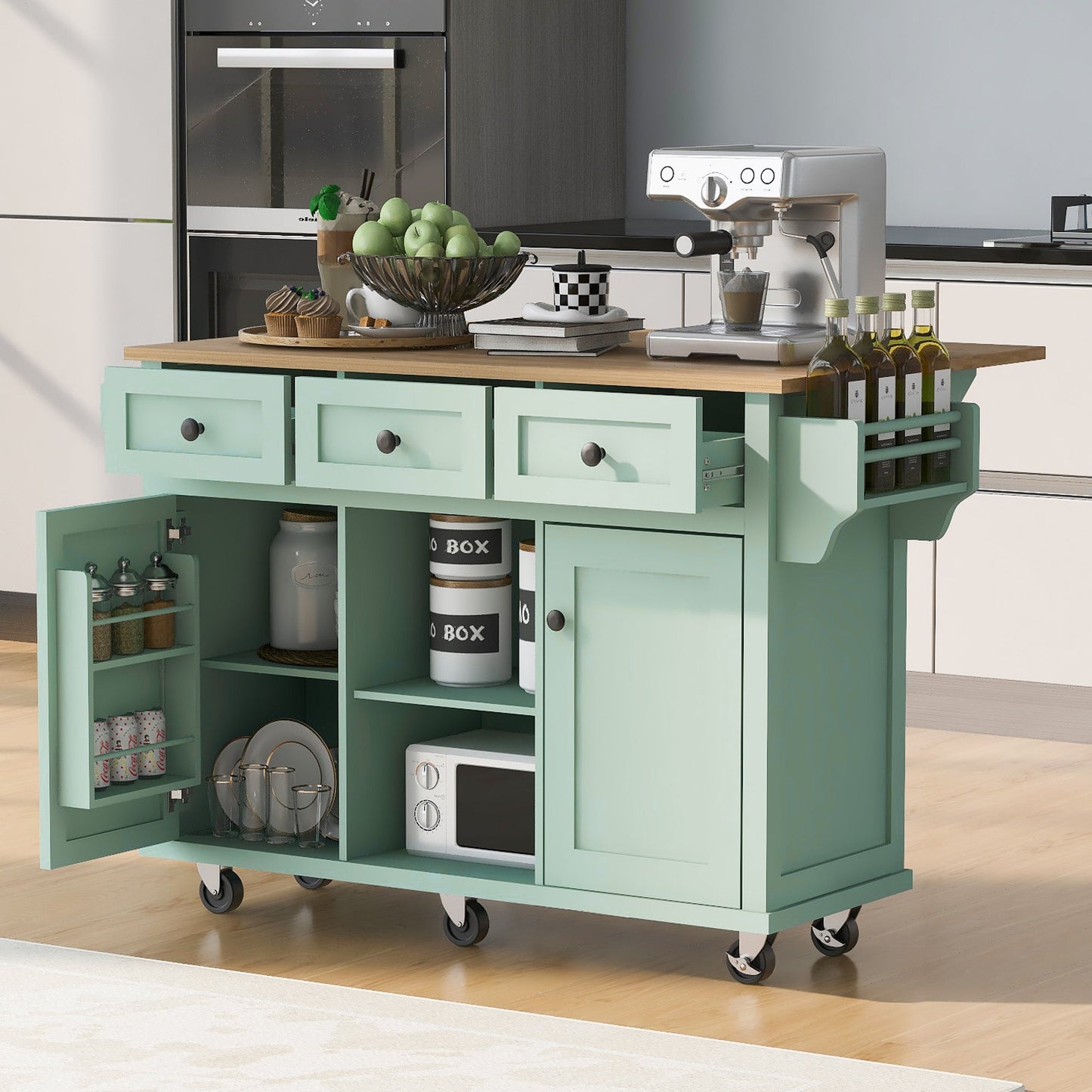 Kitchen trolley, cabinet door internal storage rack with storage cabinet and 3 dining room drawers, mint green - Korvel