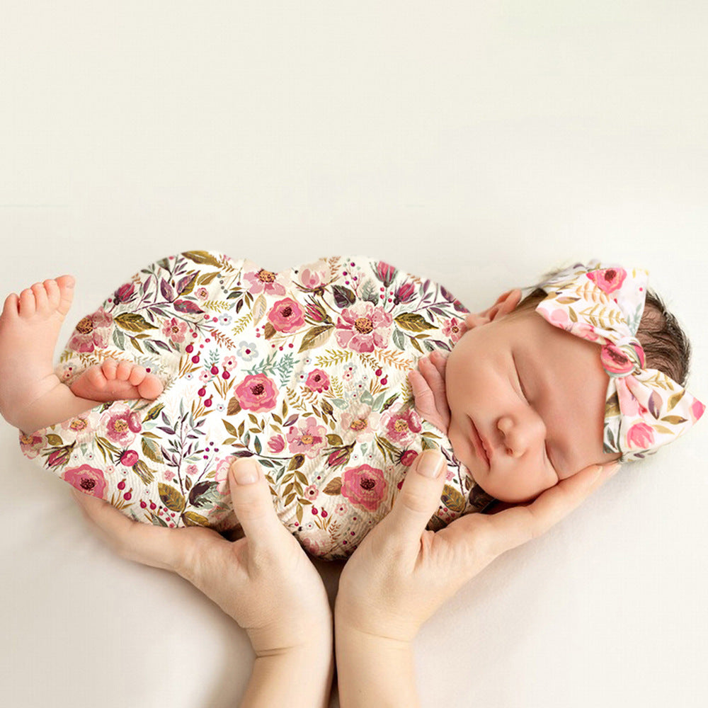 Newborn Photography Wrap Bow Hair Band Wrap Towel Set Baby Flower Blanket 2 Piece Set - Korvel