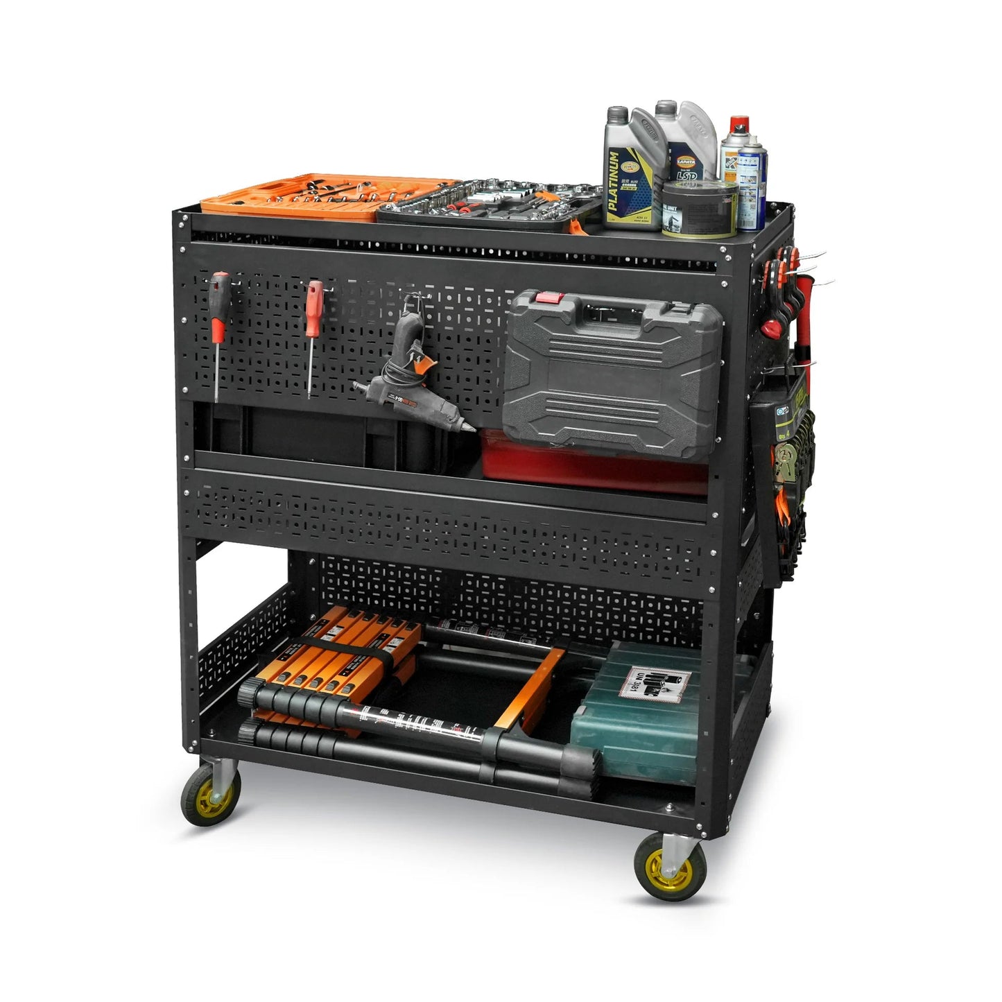 3-Tier Adjustable Rolling Tool Cart | Garage & Workshop Organizer w/ Steel Pegboard - Korvel