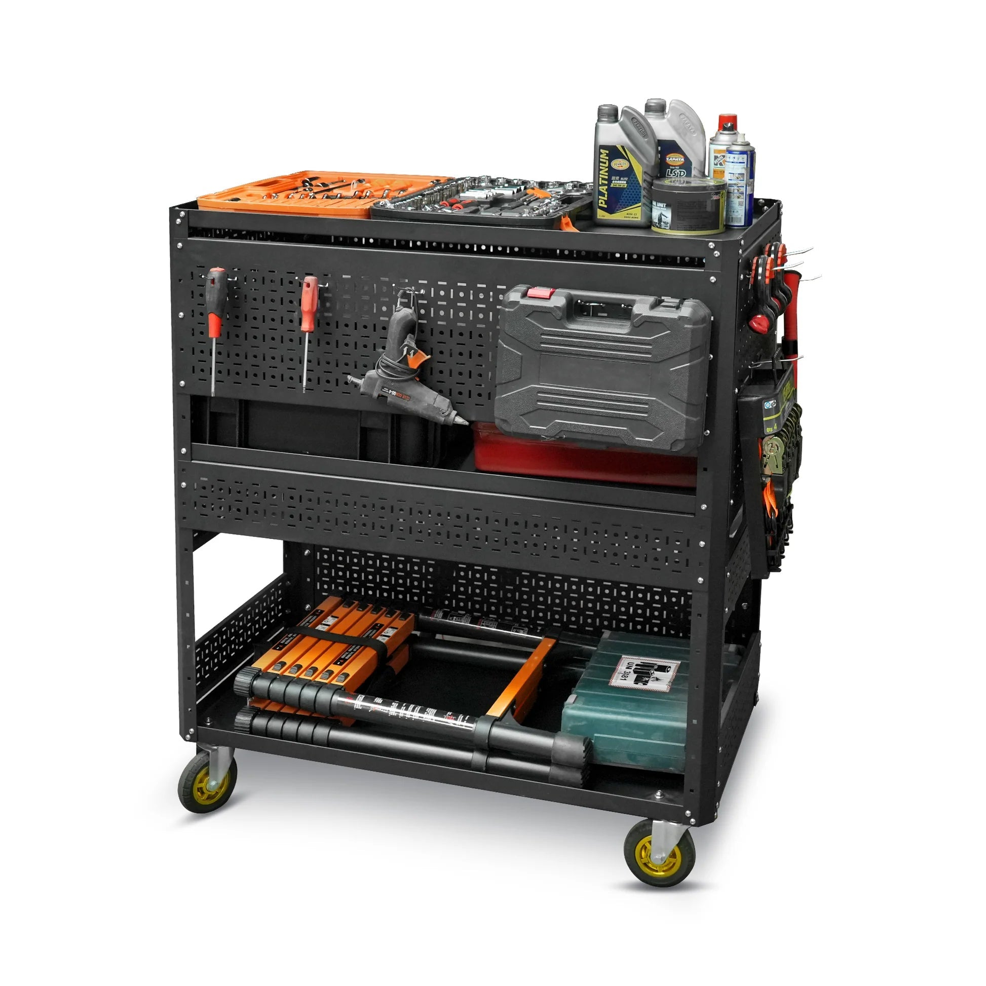 3-Tier Adjustable Rolling Tool Cart | Garage & Workshop Organizer w/ Steel Pegboard - Korvel