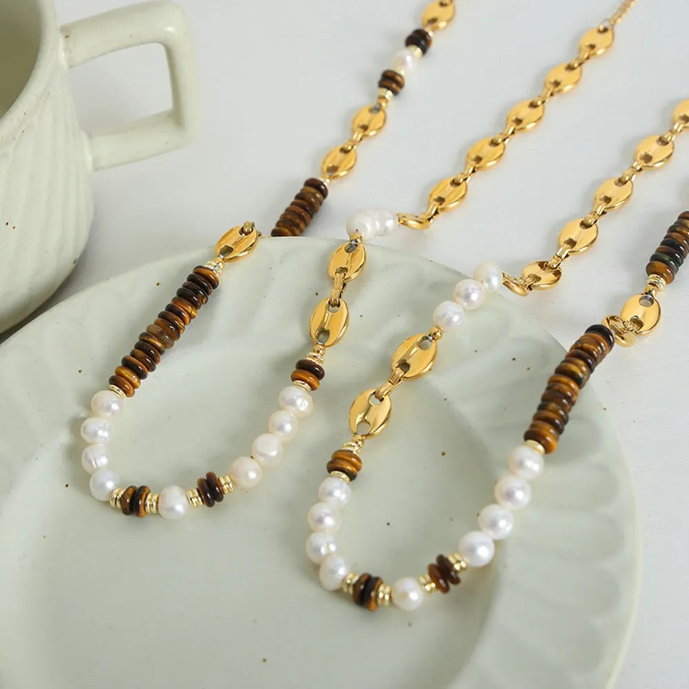 Versatile Light Luxury Titanium Steel Freshwater Pearl Tiger Eye Stone Pig Nose Chain Necklace Jewelry for Women - Korvel