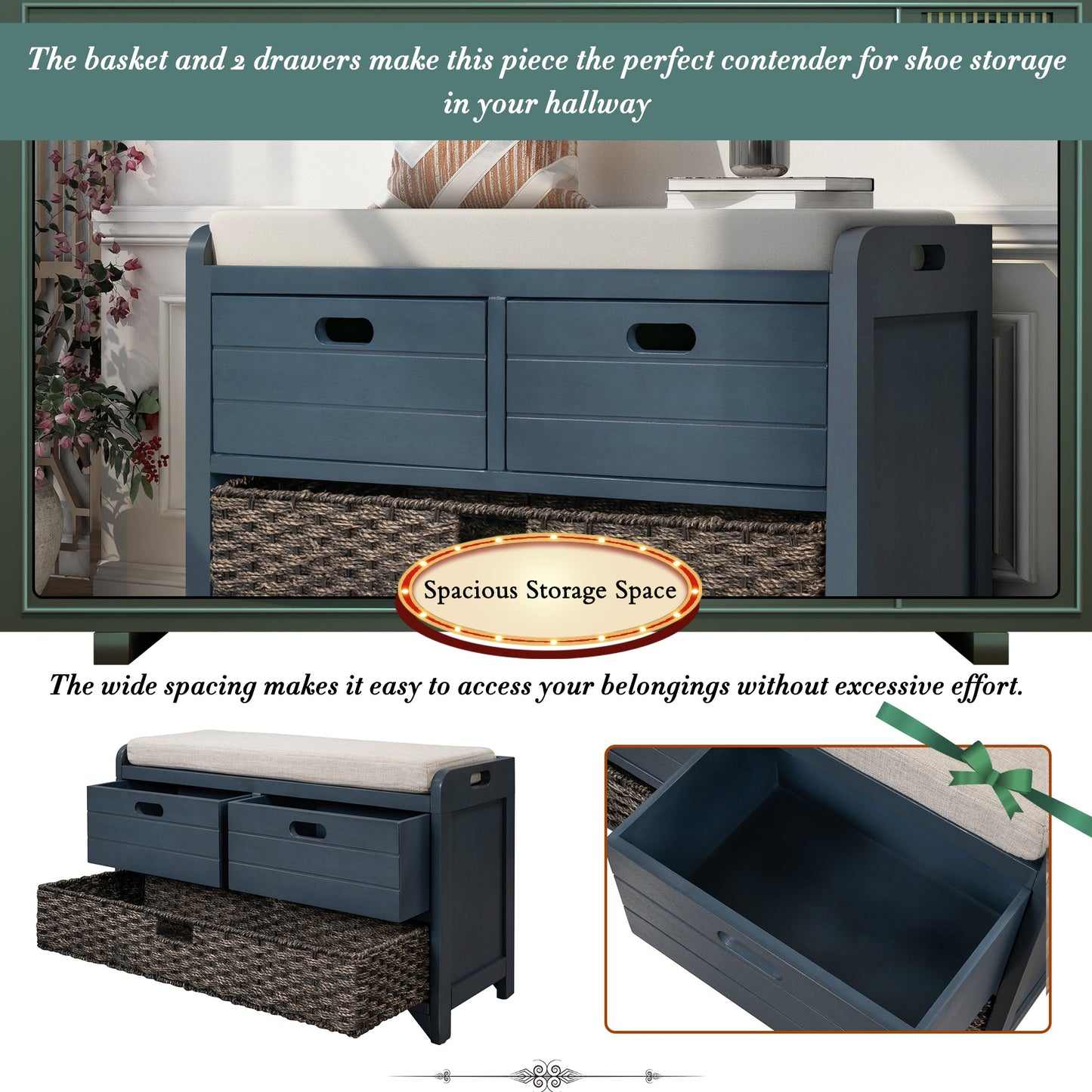 TREXM Storage Bench with Removable Basket and 2 Drawers, Fully Assembled Shoe Bench with Removable Cushion (Navy) - Korvel