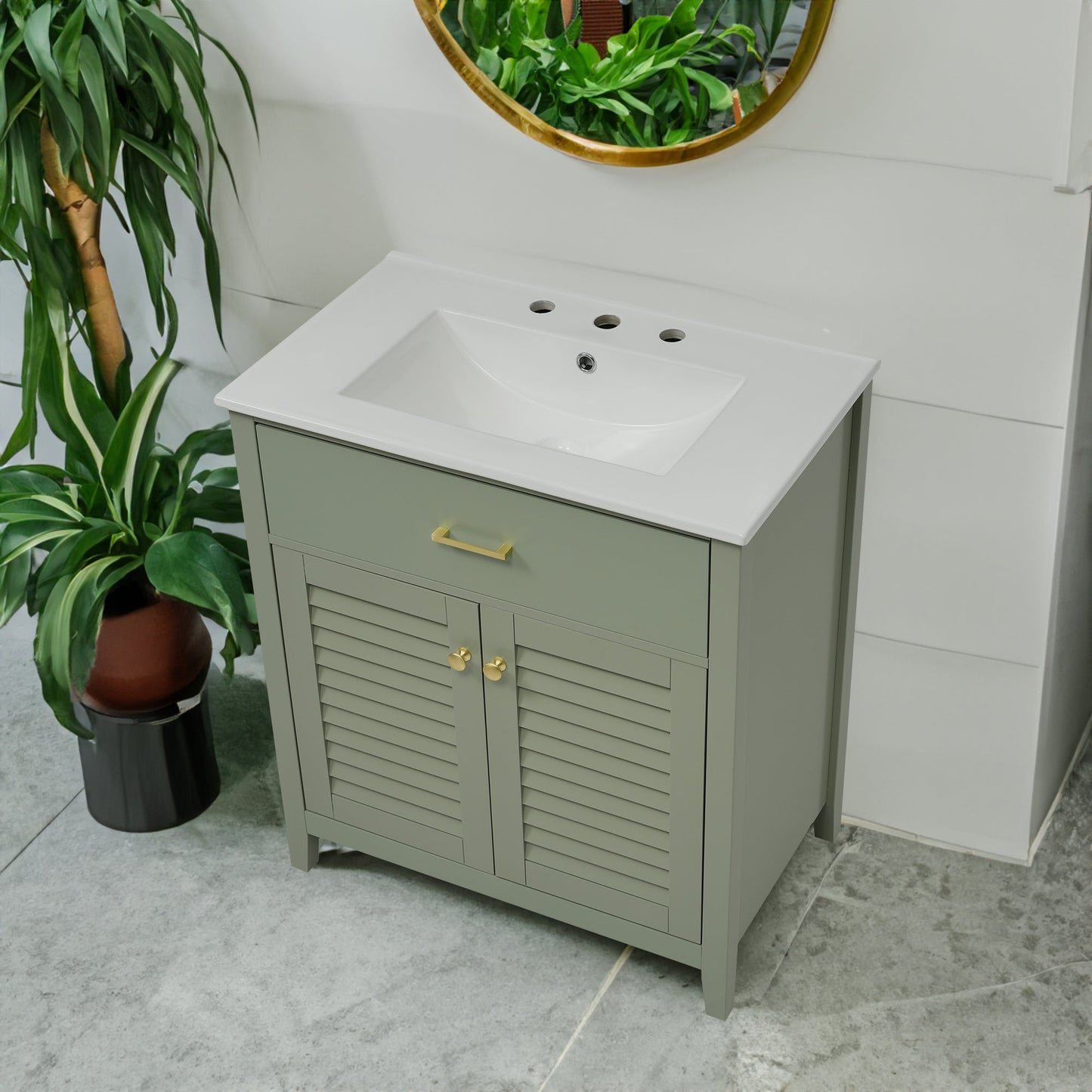 30-Inch Bathroom Vanity with Ceramic Sink Combination, Ample Storage - Features 1 Pullout and Multifunctional Shelf Dividers - Korvel
