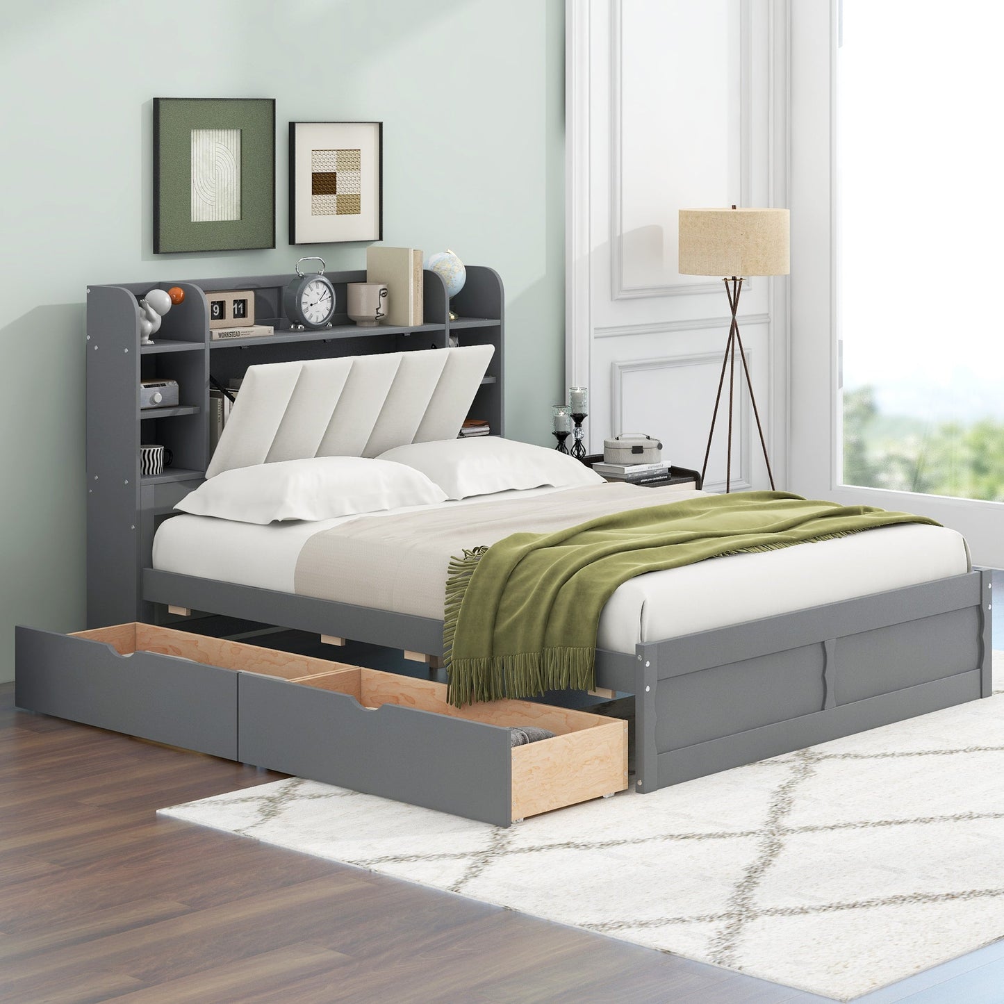 Wood Queen Size Platform Bed with Storage Headboard  Shelves and 2 Drawers  Gray - Korvel