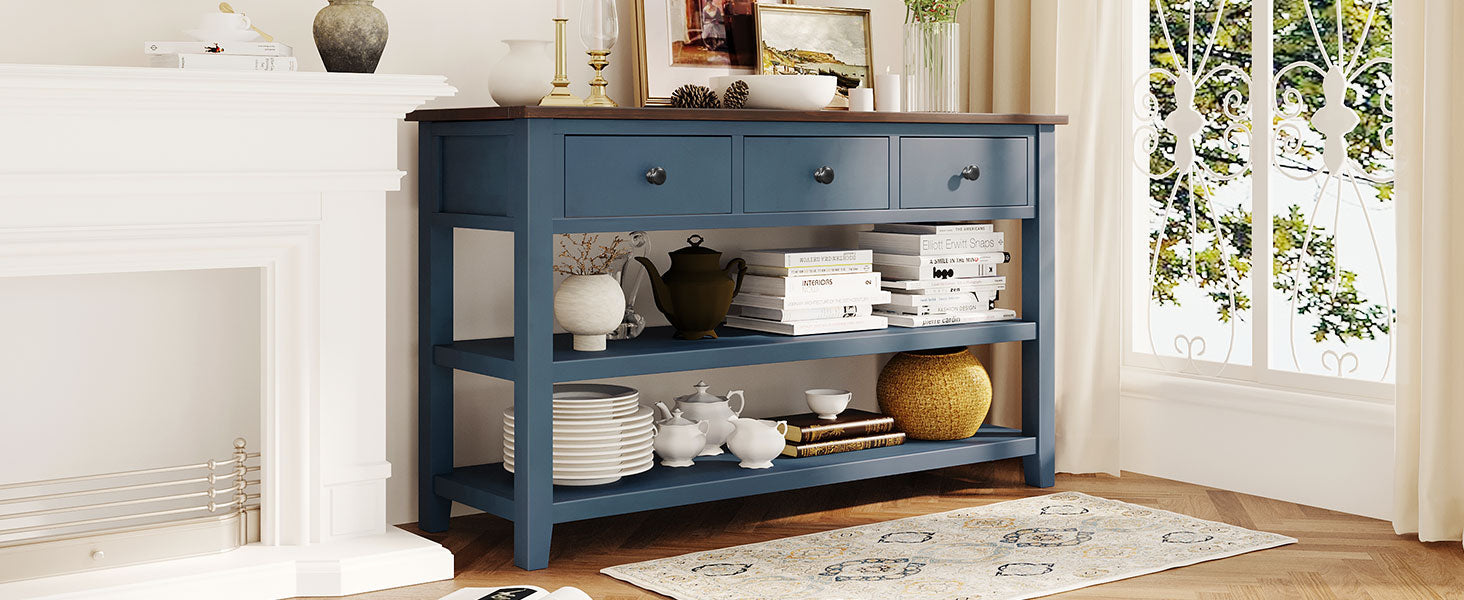 Retro Design Console Table with Two Open Shelves, Pine Solid Wood Frame and Legs for Living Room (Antique Navy+Espresso) - Korvel