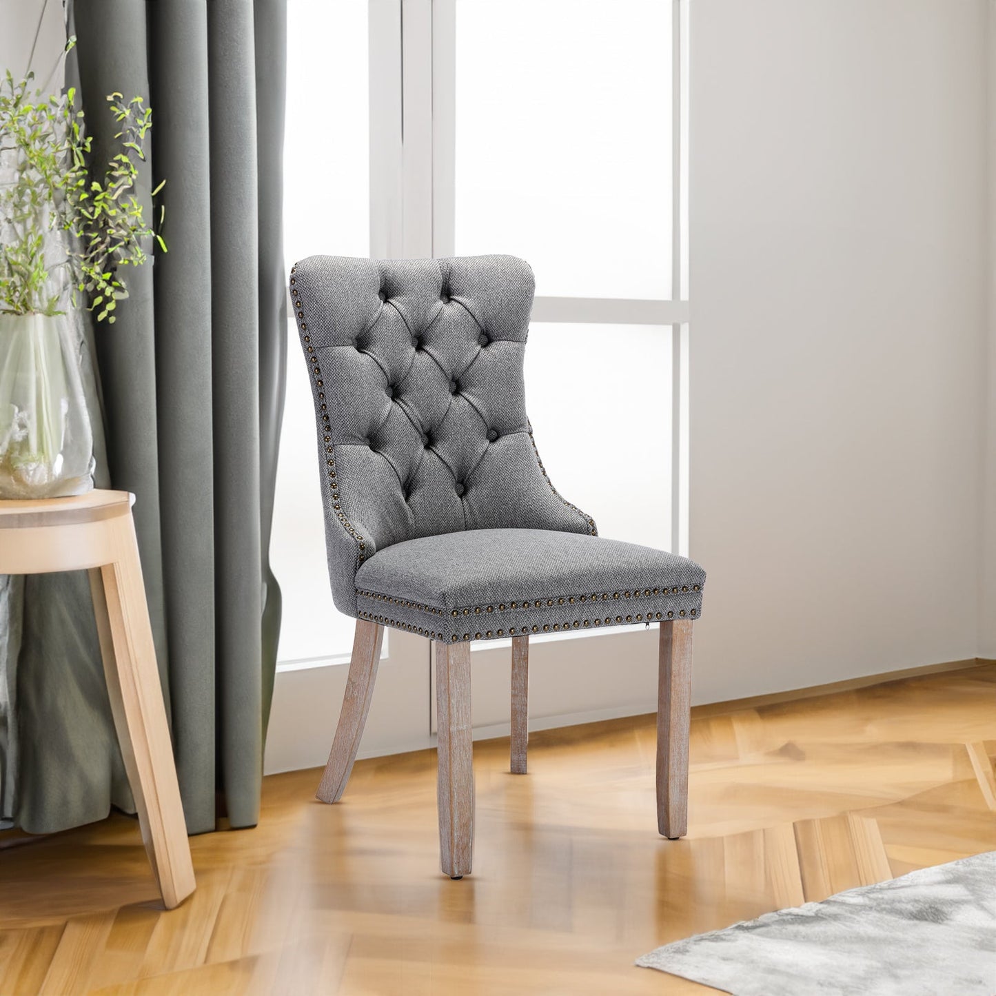 High-end Tufted Solid Wood Contemporary Flax Upholstered Linen Dining Chair with Wood Legs Nailhead Trim 2-Pcs Set Gray - Korvel