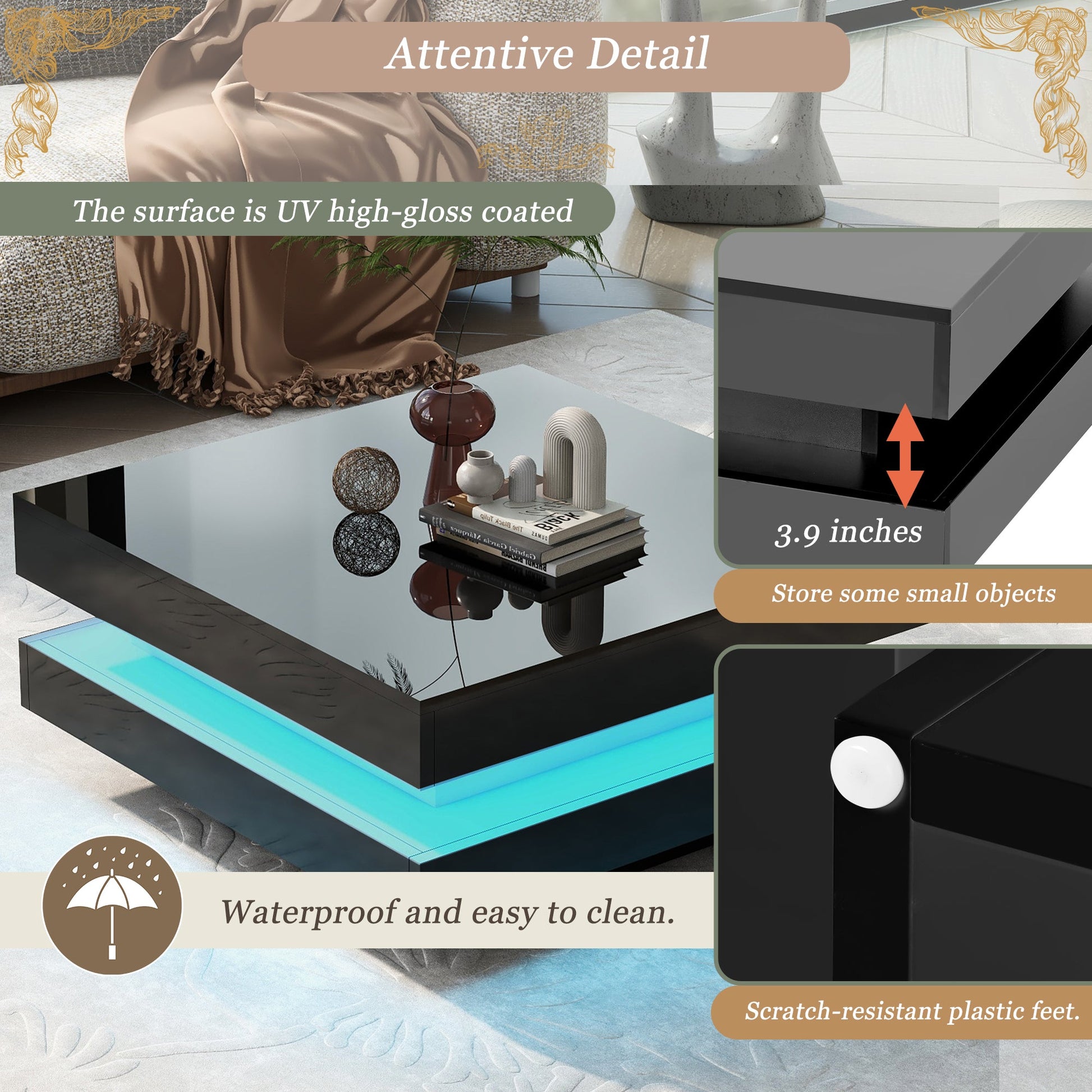 ON-TREND High Gloss Minimalist Design with LED Lights 2-Tier Square Coffee Table Black - Korvel