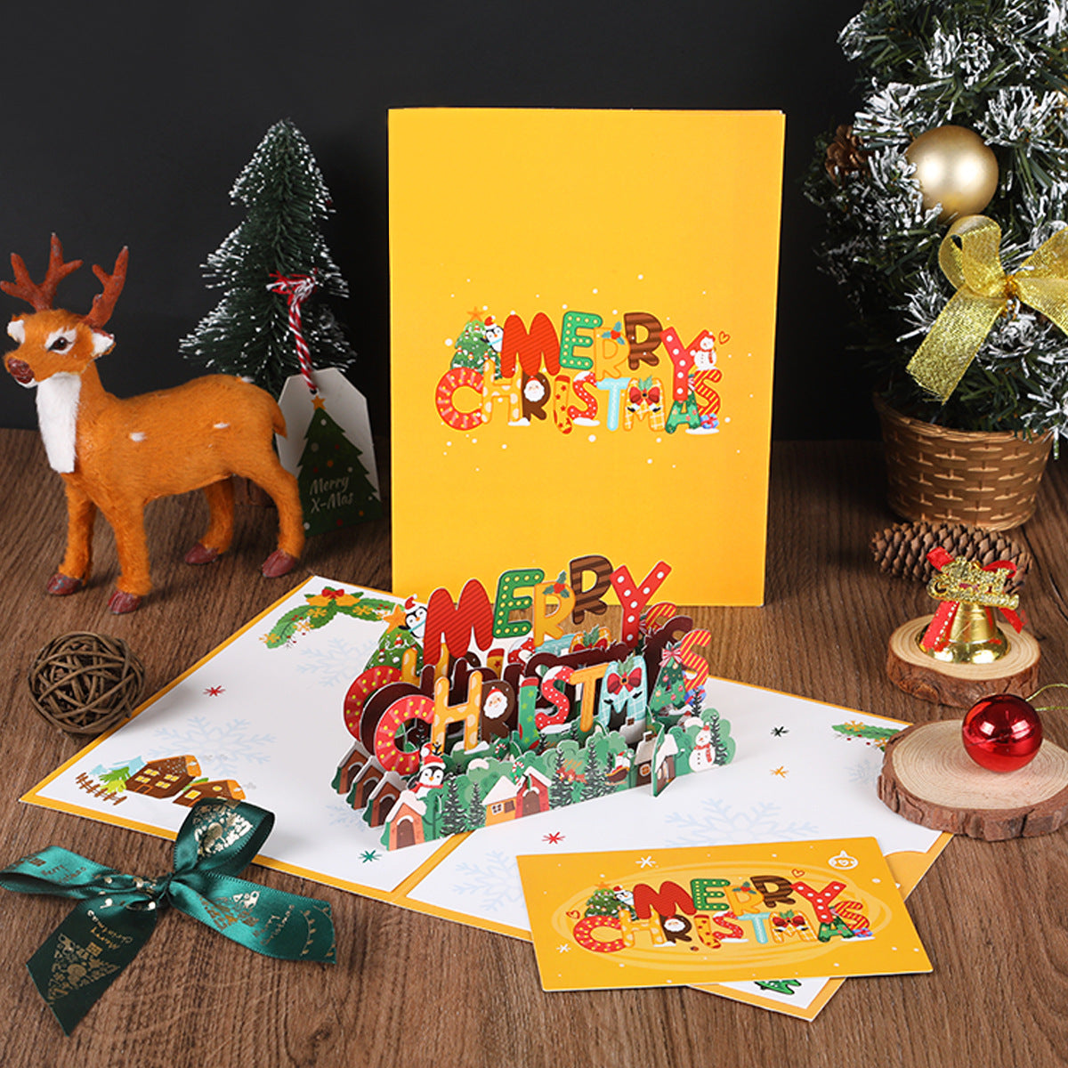 Carte de vœux de Noël 3D avec design de pingouin et d'arbre