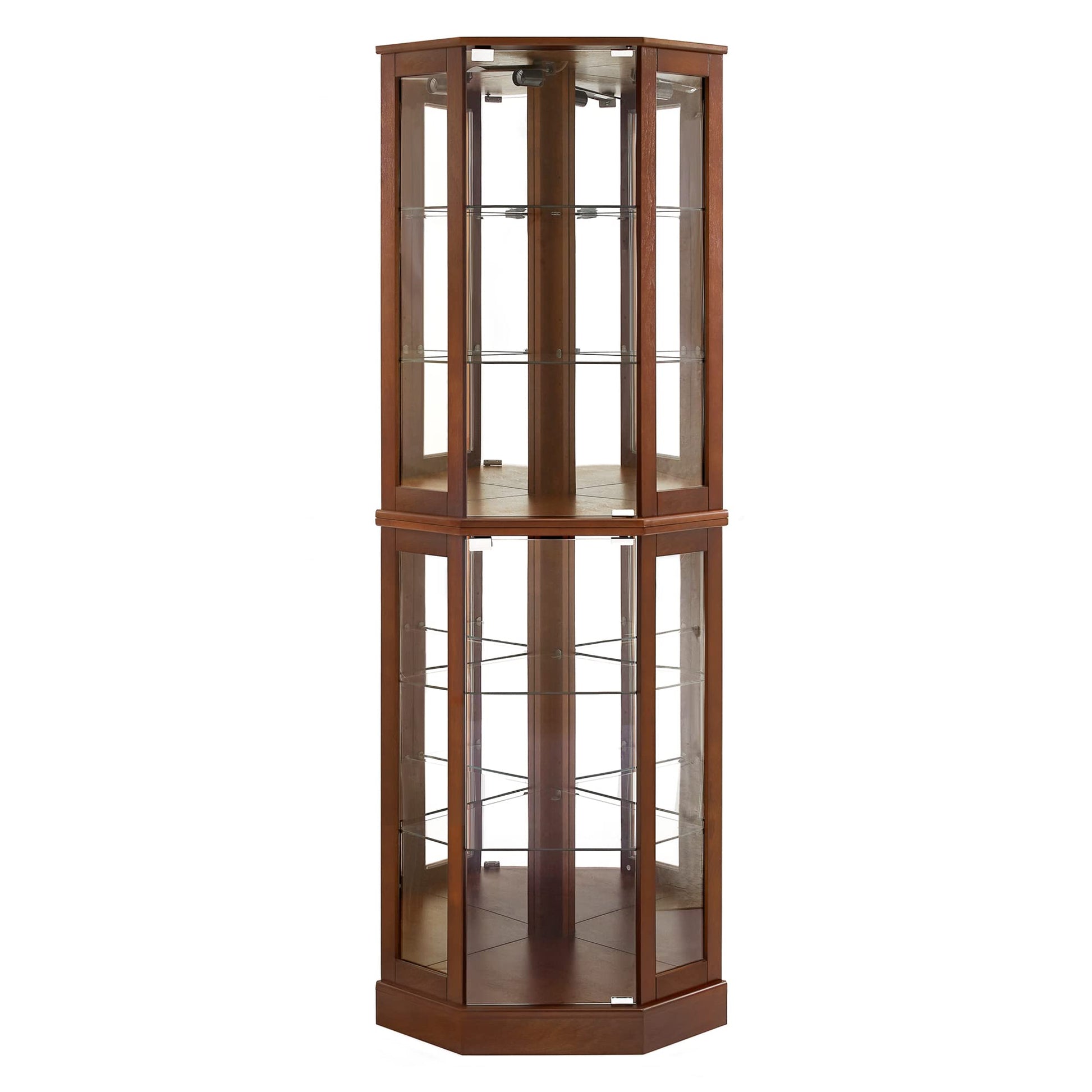 6 shelves corner Curio display cabinet with light mirror and adjustable shelves, walnut wood (excluding E26 light bulbs) - Korvel