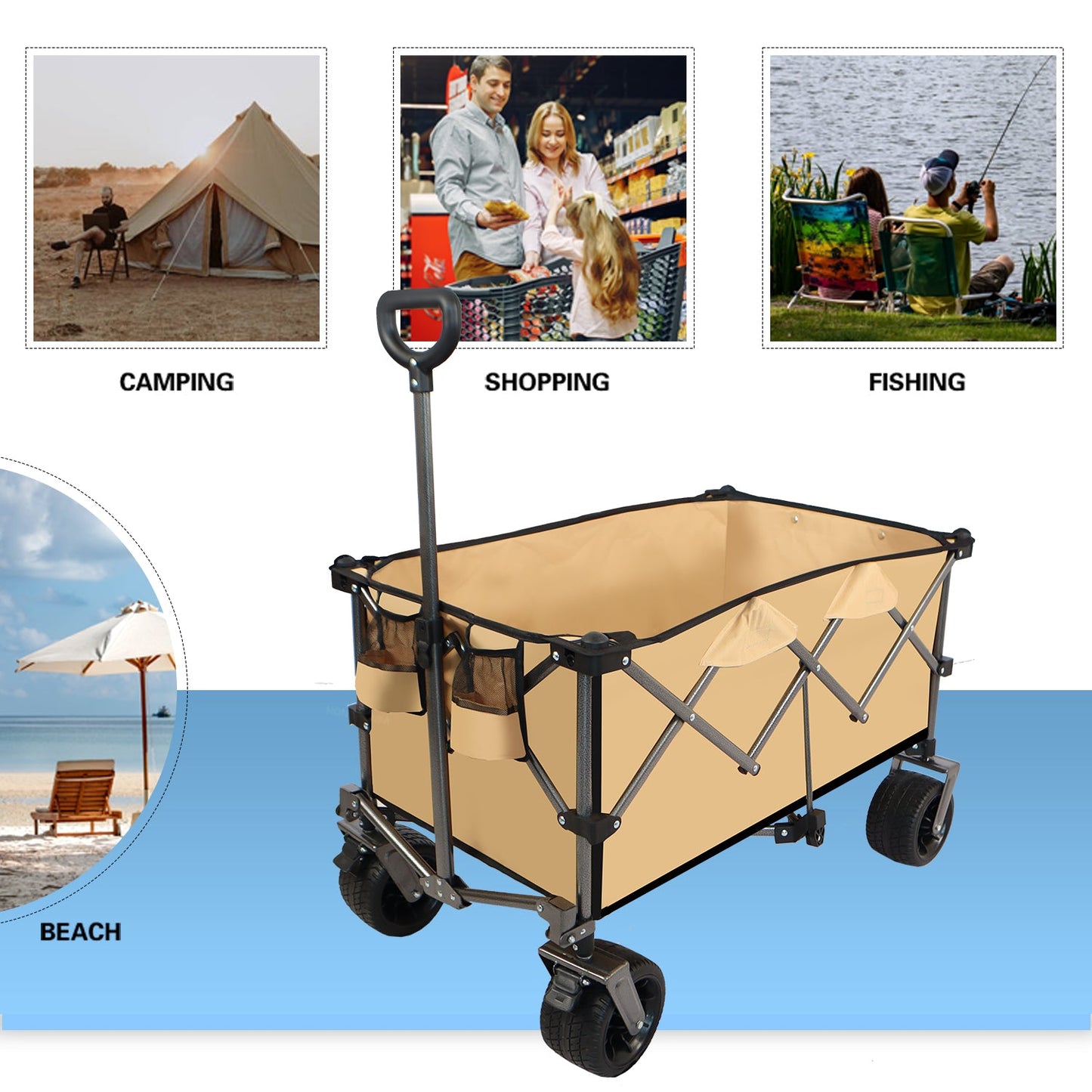 Collapsible Folding Wagon Push Pull Foldable Beach Wagon Cart - Korvel