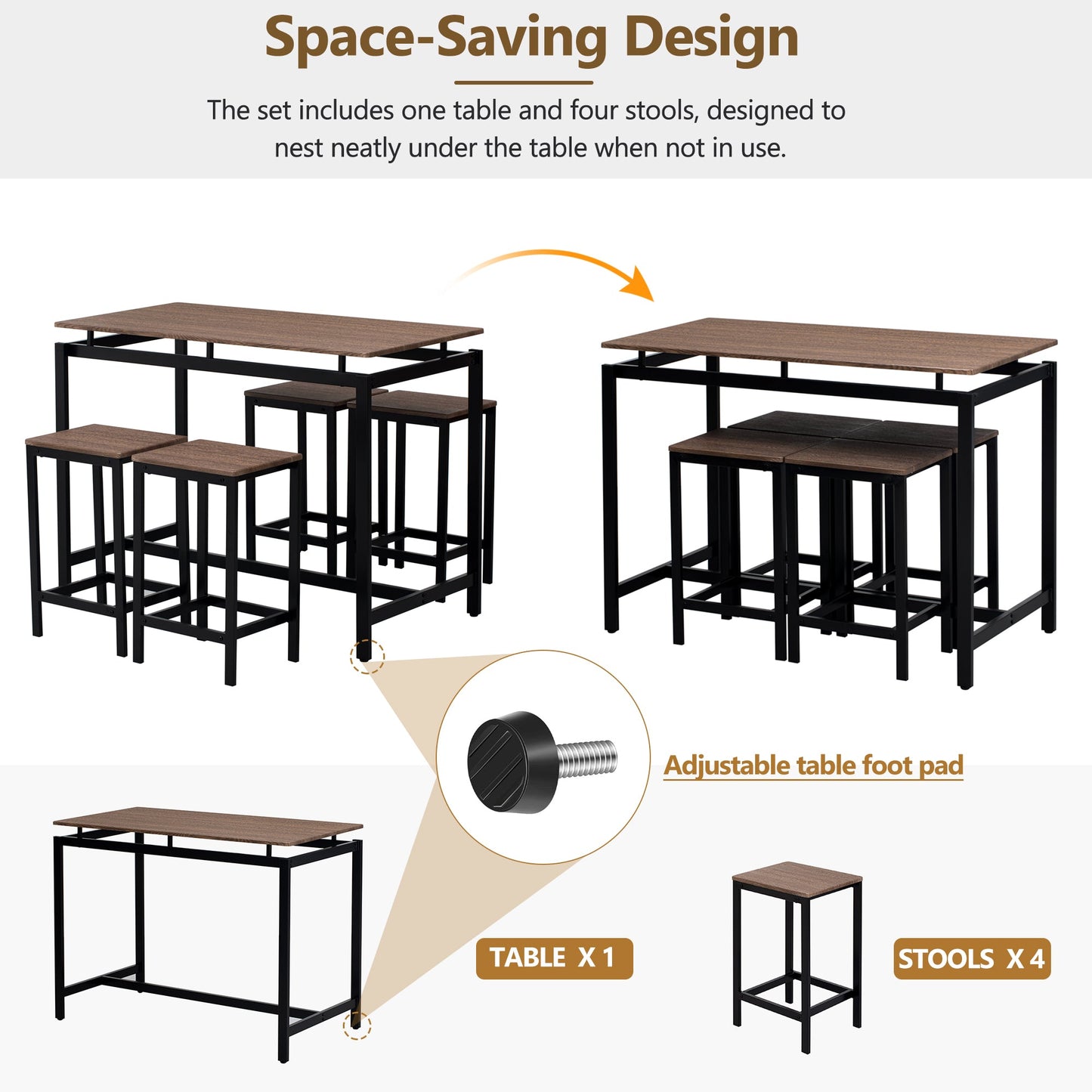 TREXM 5-Piece Compact Bar Table Set - Modern Industrial Design