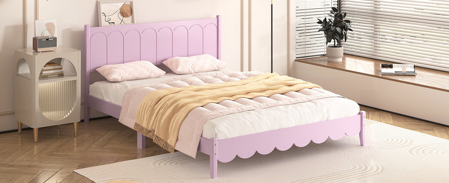 Queen Size Wood Platform Bed Frame, Retro Style Bed with Rectangular Headboard,No Need Box Spring,Pink - Korvel