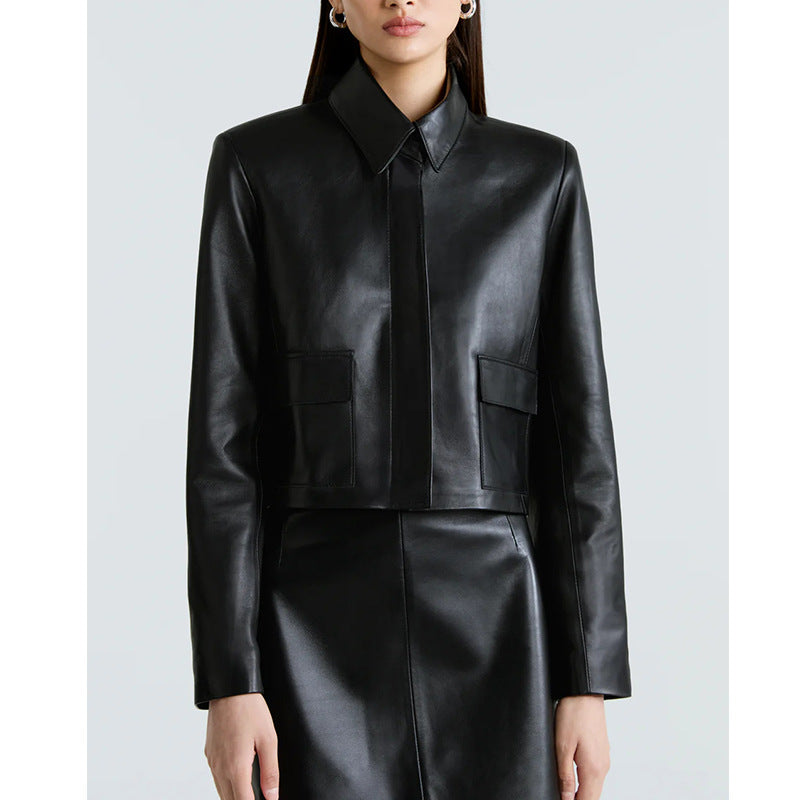 Womens Biker-Style Lapel Leather Jacket
