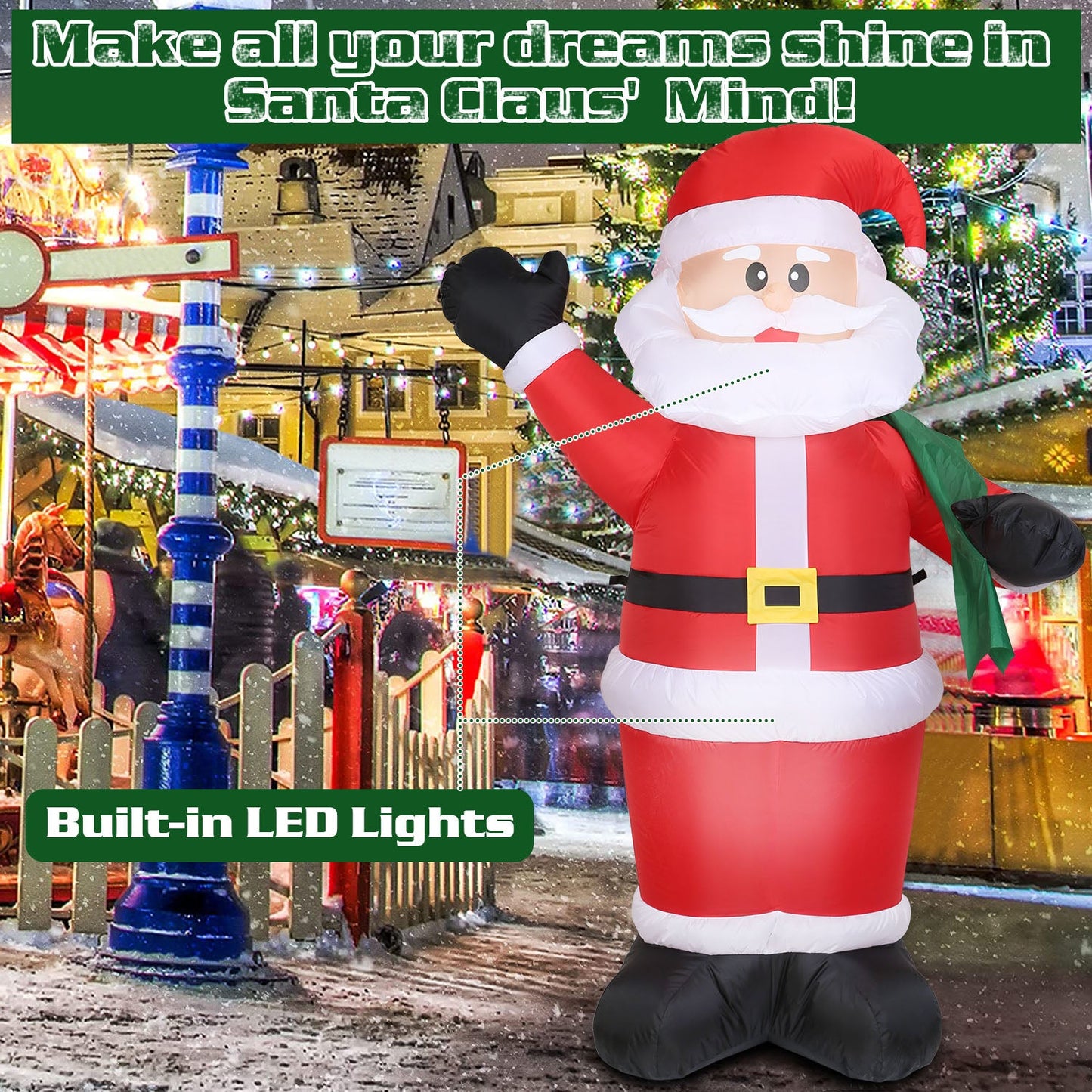 Santas géant gonflable de 1,95 m avec lumières LED