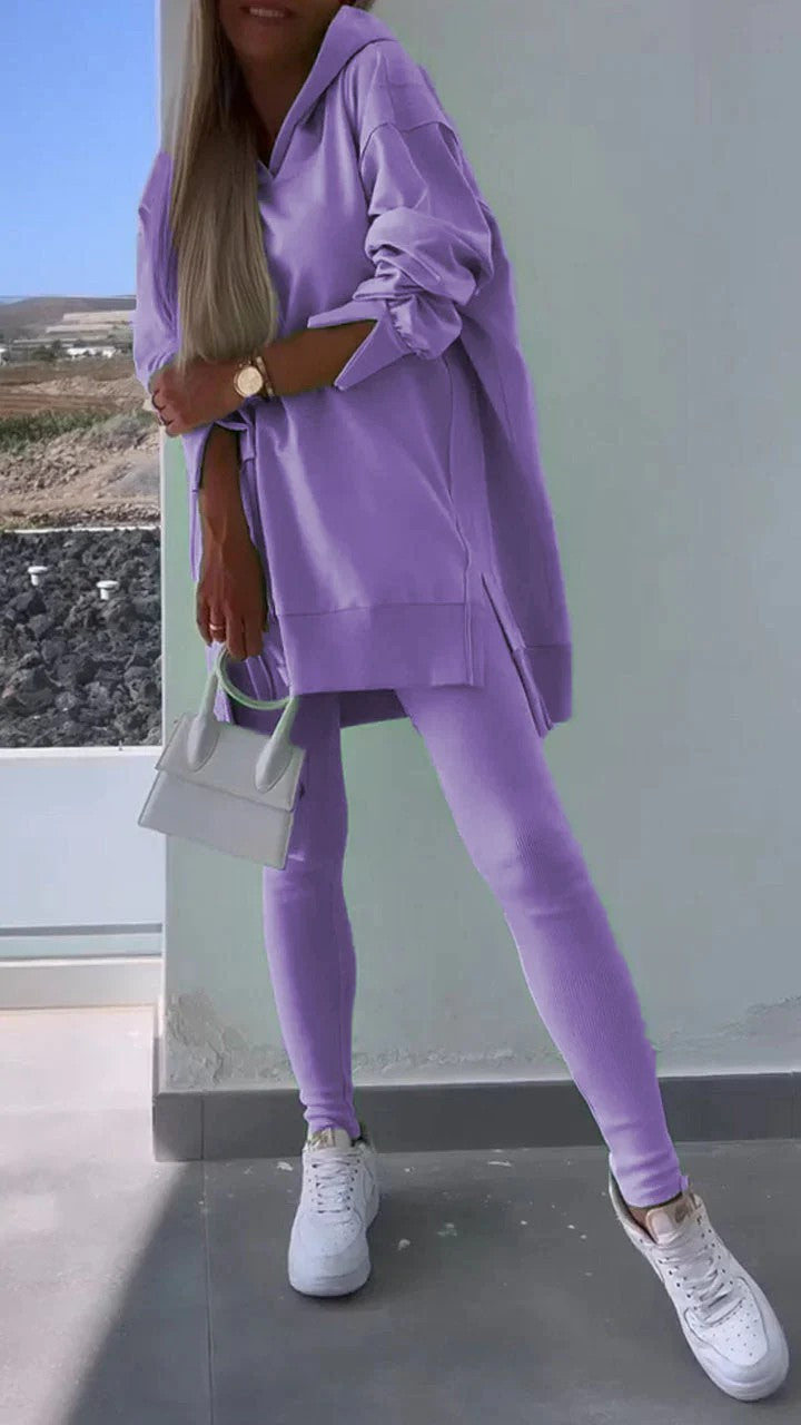 Women's Sports Casual Slit Hooded Sweatshirt Tights Set